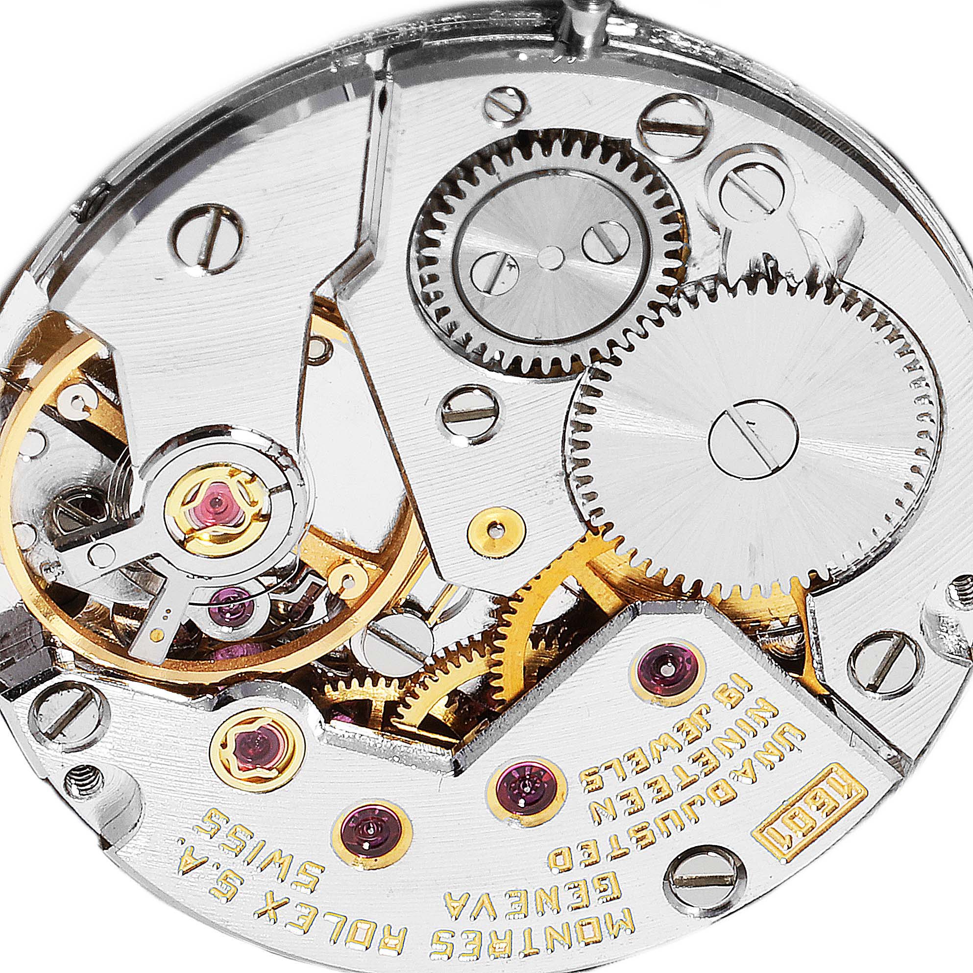 This image shows a close-up view of the intricate inner mechanism and gears of a Rolex Cellini 3807 Women's White Gold Blue Dial 3807 Women's White Gold Blue Dial watch.