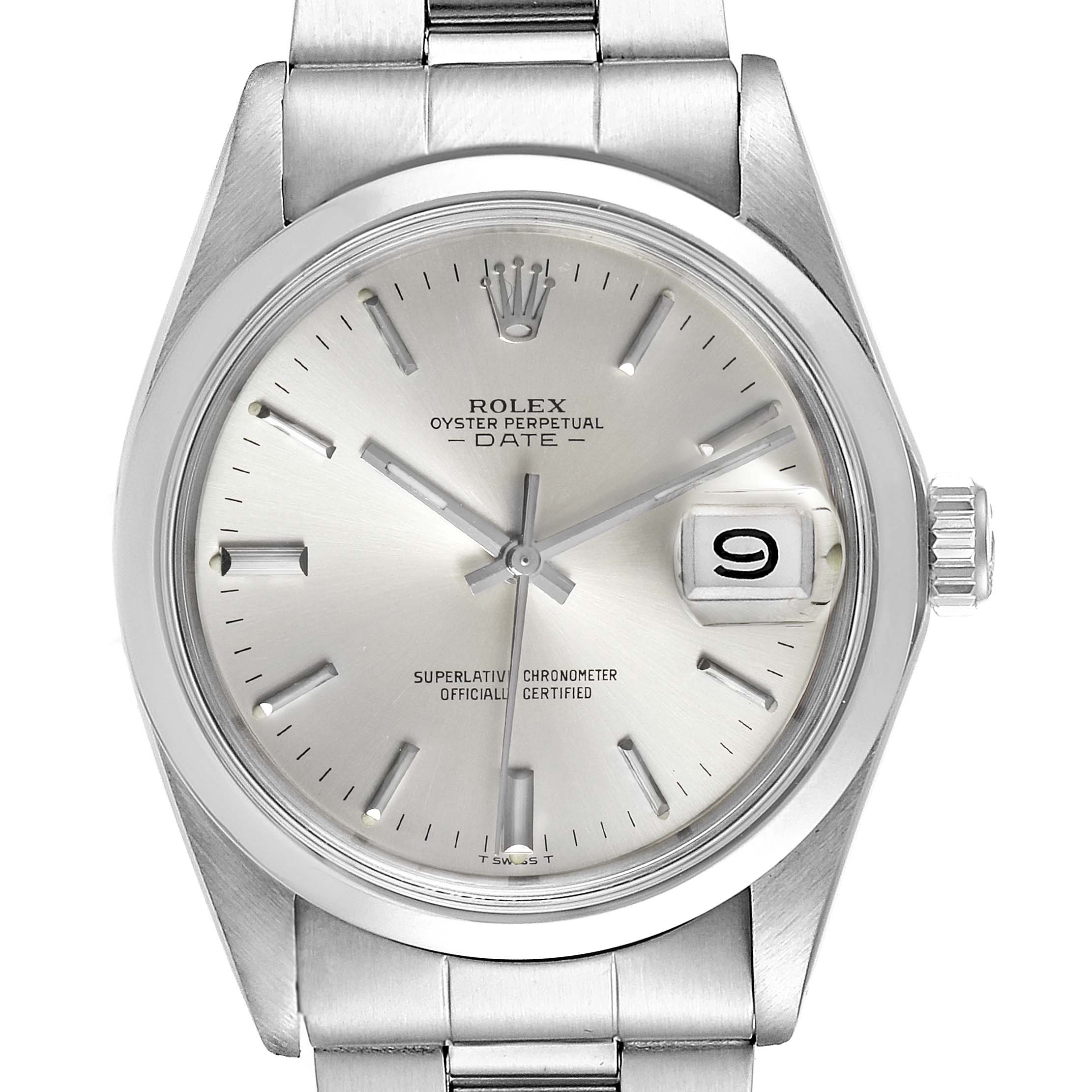 This image features a close-up of the dial and part of the bracelet of a Rolex Vintage Collection 1500 Men's Stainless Steel Silver Dial 1500 Men's Stainless Steel Silver Dial Oyster Perpetual Date watch.