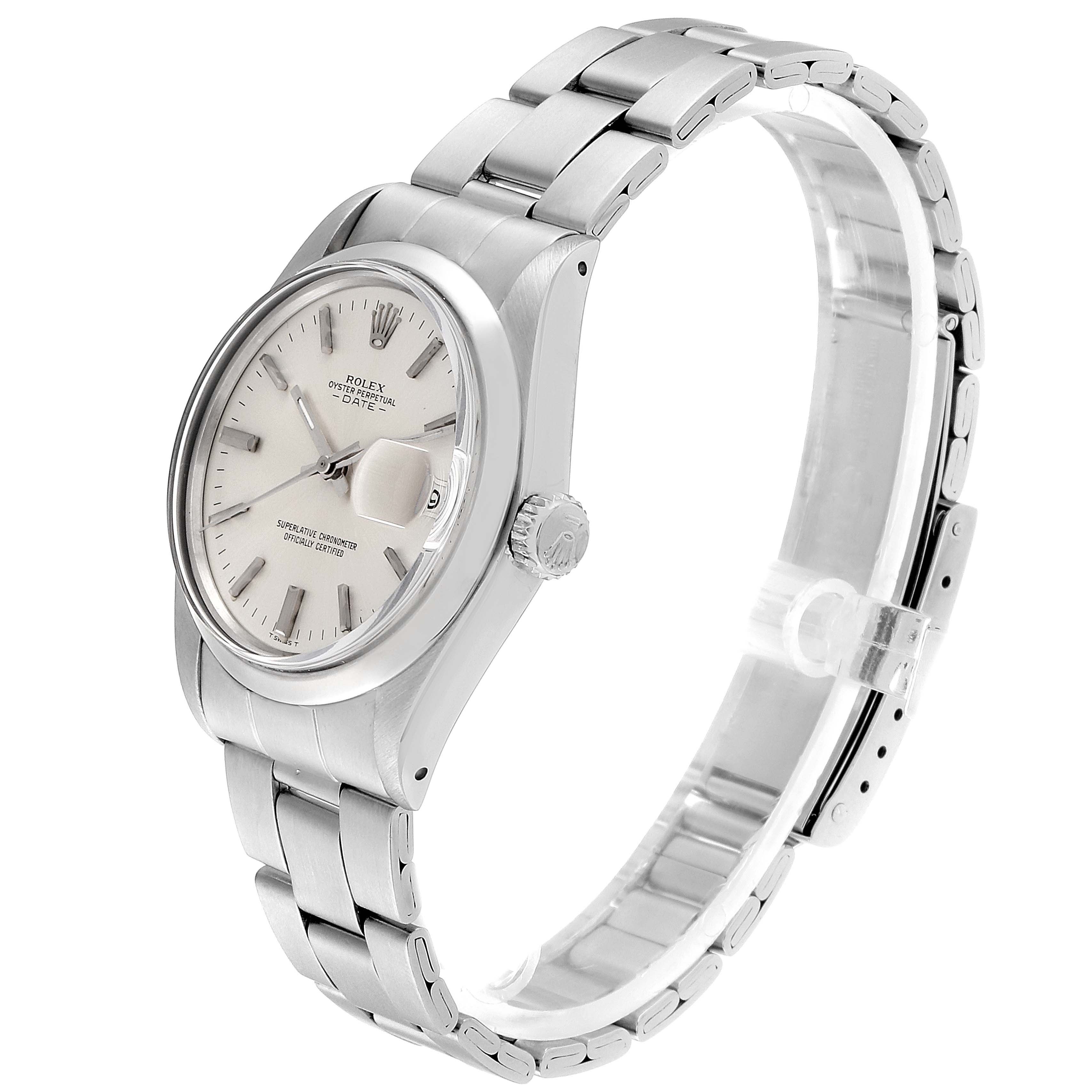 The Rolex Vintage Collection 1500 Men's Stainless Steel Silver Dial 1500 Men's Stainless Steel Silver Dial watch is shown in a side angle, highlighting the dial, case, crown, and bracelet.