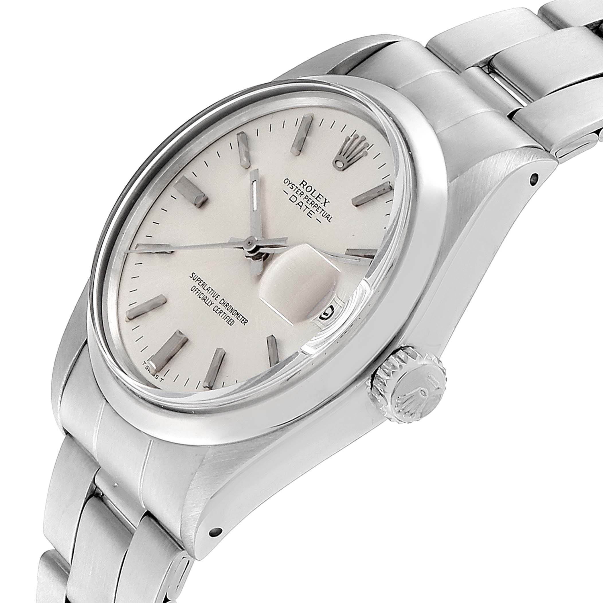 The Rolex Vintage Collection 1500 Men's Stainless Steel Silver Dial 1500 Men's Stainless Steel Silver Dial watch is shown from a slight angle, displaying the face, date magnifier, case, and part of the bracelet.