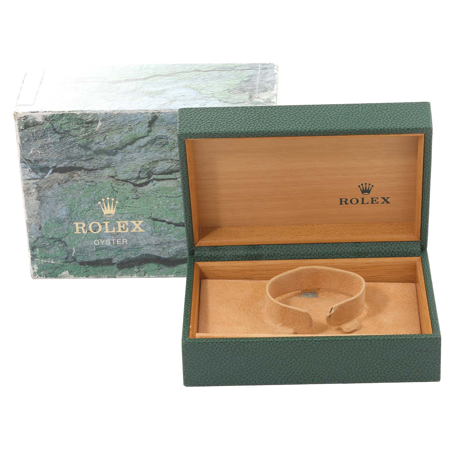 The image shows the open box and packaging for a Rolex Date 15210 Men
s Stainless Steel Silver Dial 15210 Men
s Stainless Steel Silver Dial model watch, displaying the signature green and gold branding.