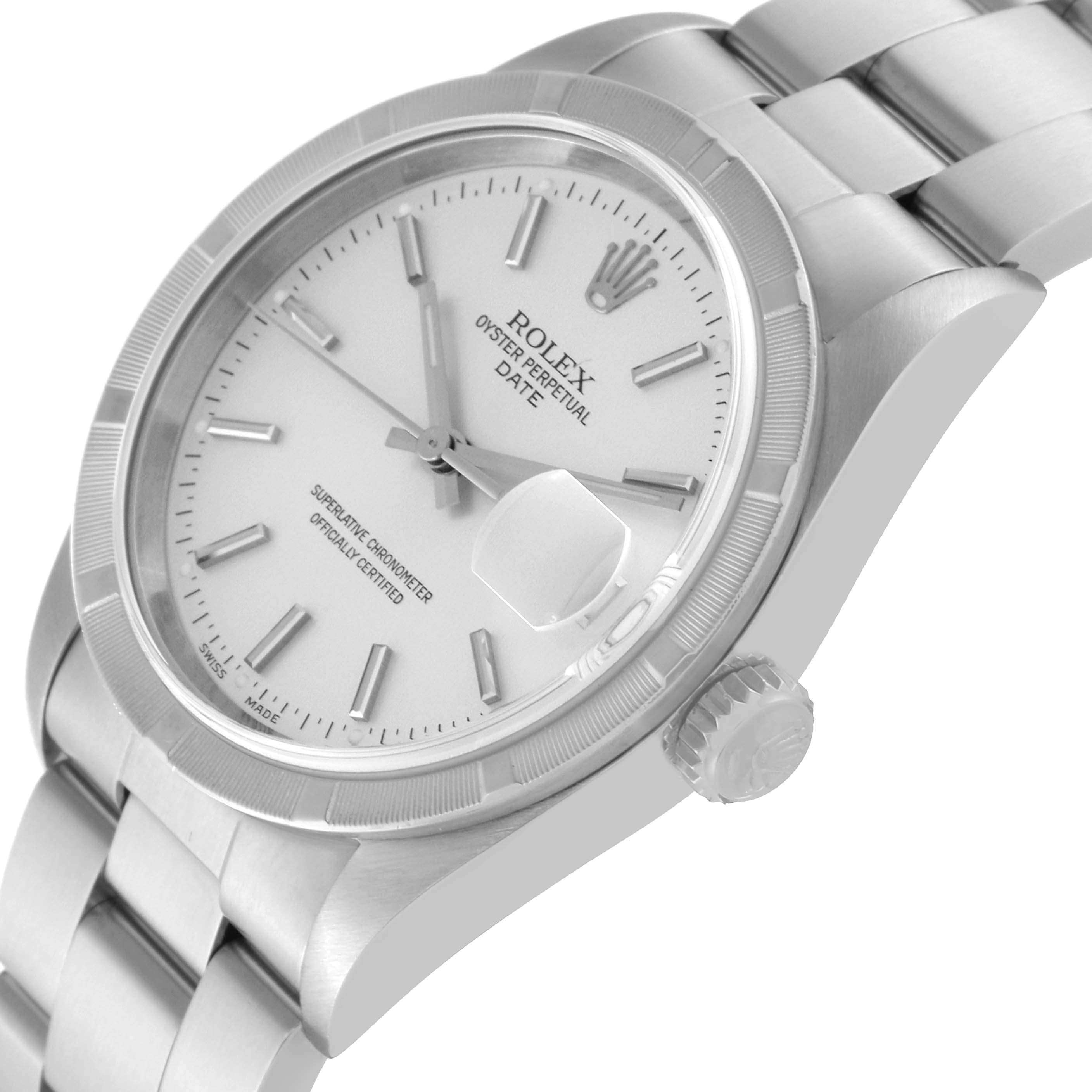 This image shows a side view of a Rolex Date 15210 Men
s Stainless Steel Silver Dial 15210 Men
s Stainless Steel Silver Dial watch, highlighting the dial, bezel, crown, and part of the bracelet.