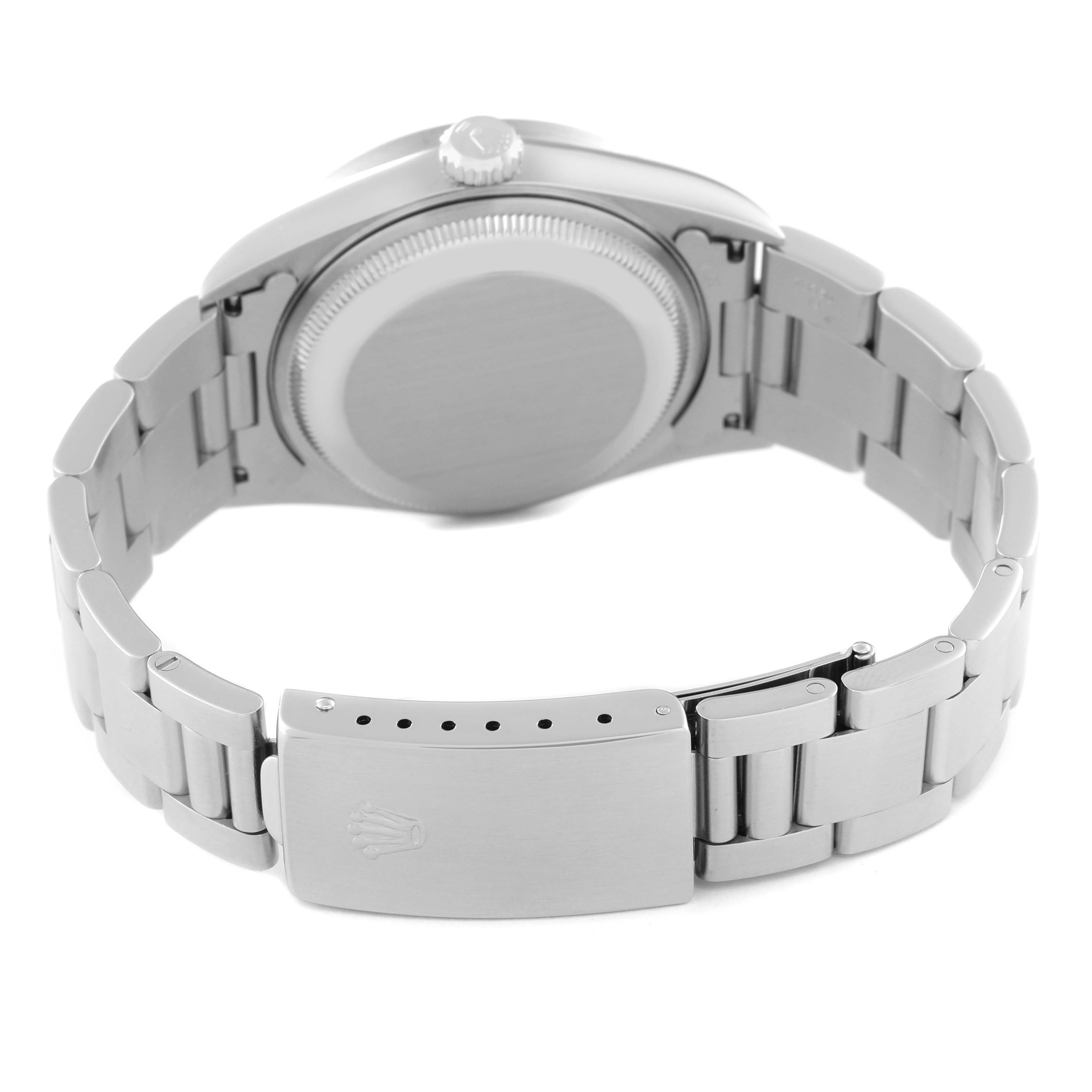 This image shows the back side of a Rolex Date 15210 Men
s Stainless Steel Silver Dial 15210 Men
s Stainless Steel Silver Dial model watch, focusing on the case back, crown, and bracelet with the clasp.