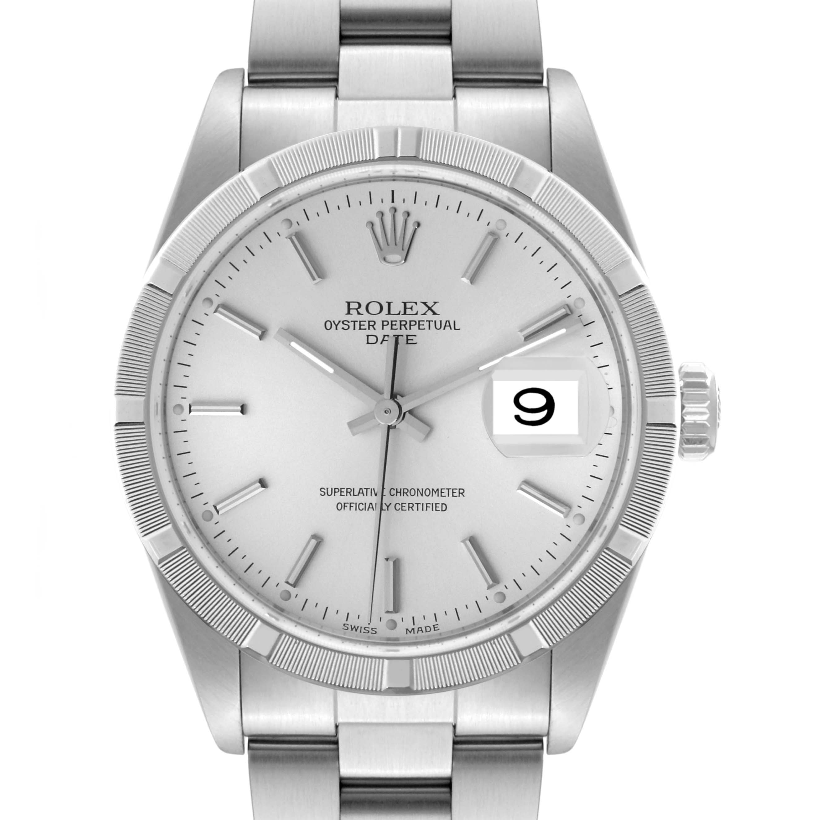 This Rolex Date 15210 Men
s Stainless Steel Silver Dial 15210 Men
s Stainless Steel Silver Dial model watch is shown from the front, displaying its face, dial, and bracelet.