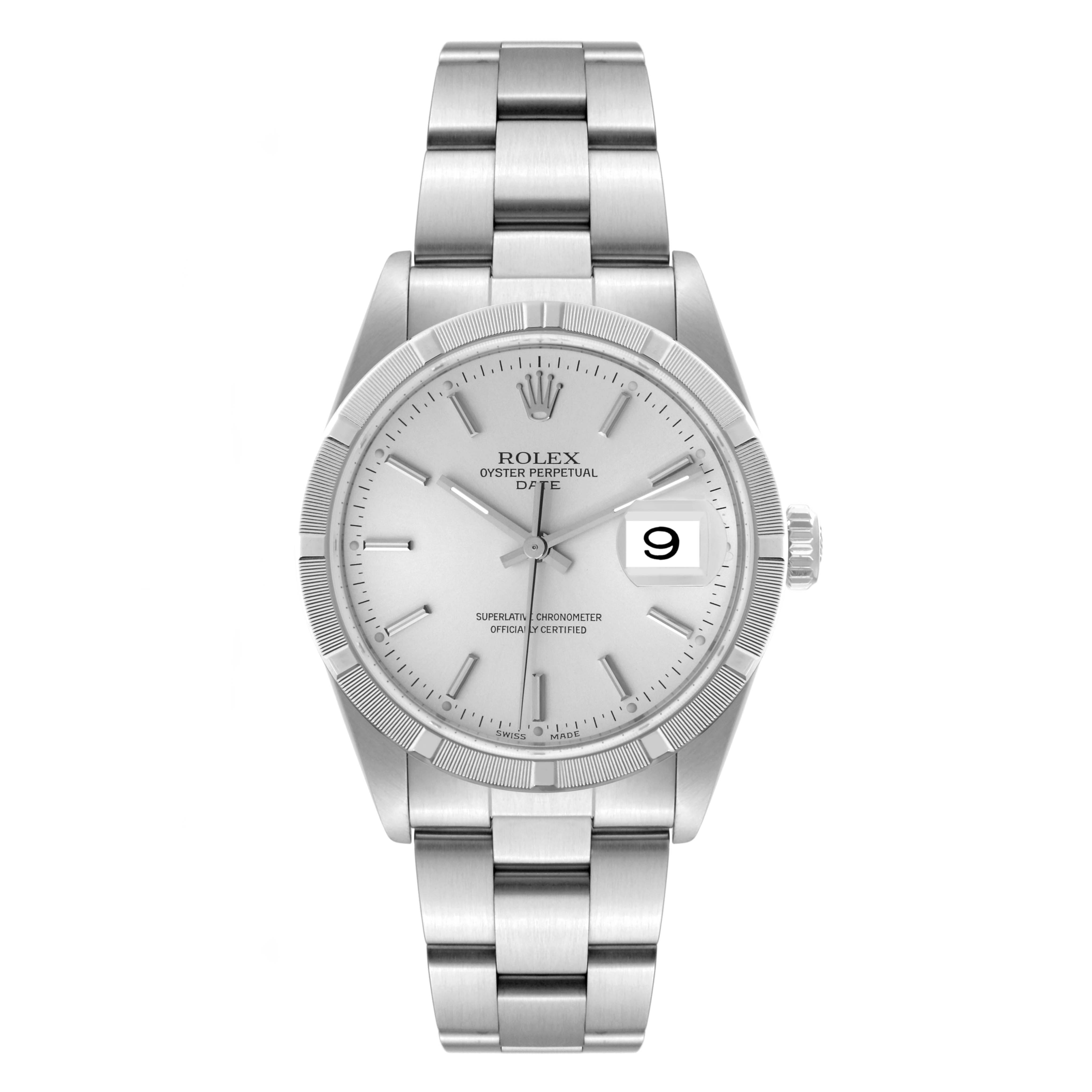 This is a front view of a Rolex Date 15210 Men
s Stainless Steel Silver Dial 15210 Men
s Stainless Steel Silver Dial model, showing the dial, hands, date display, and bracelet.