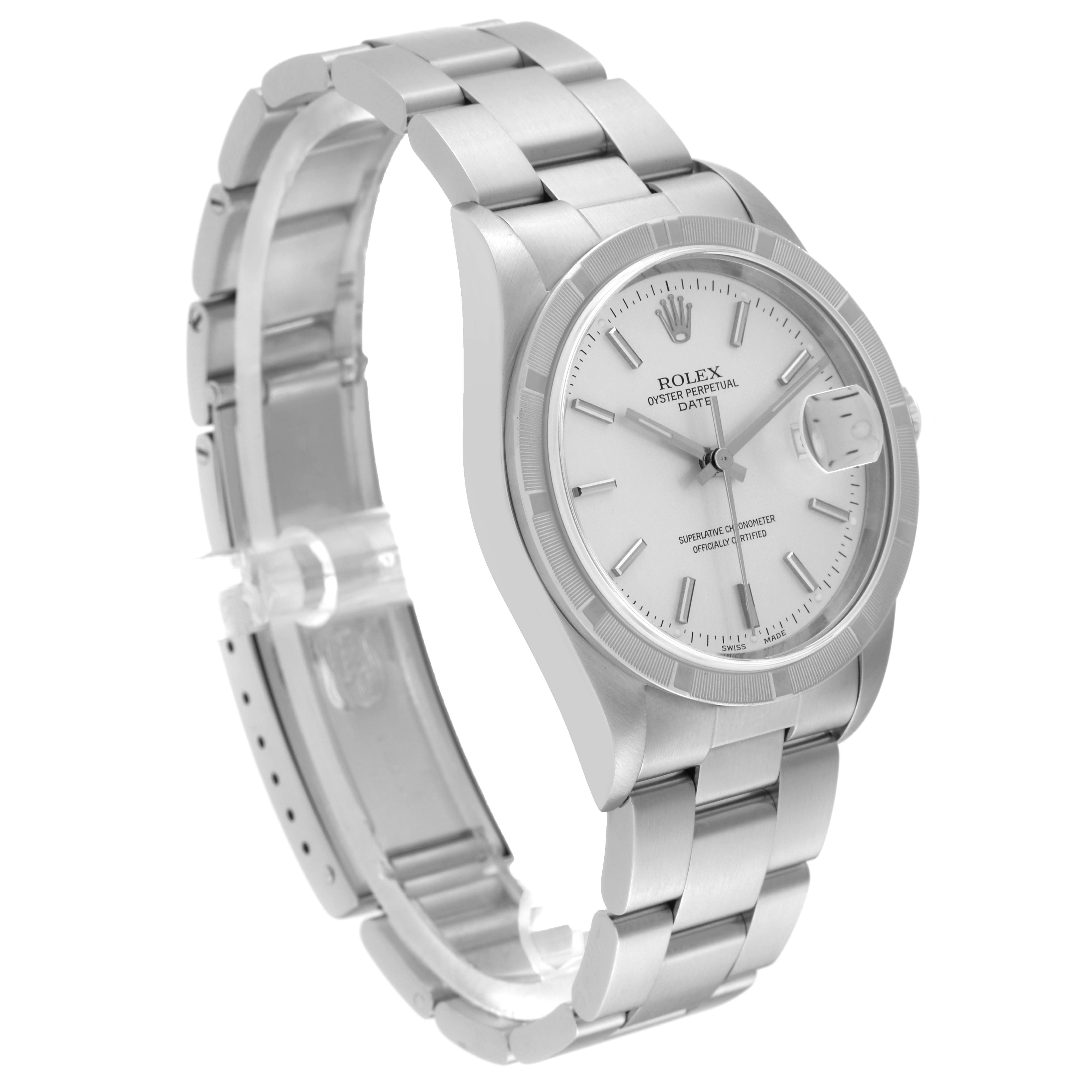 The Rolex Date 15210 Men
s Stainless Steel Silver Dial 15210 Men
s Stainless Steel Silver Dial model watch is shown at an angled side view, highlighting the bezel, dial, bracelet, and clasp.