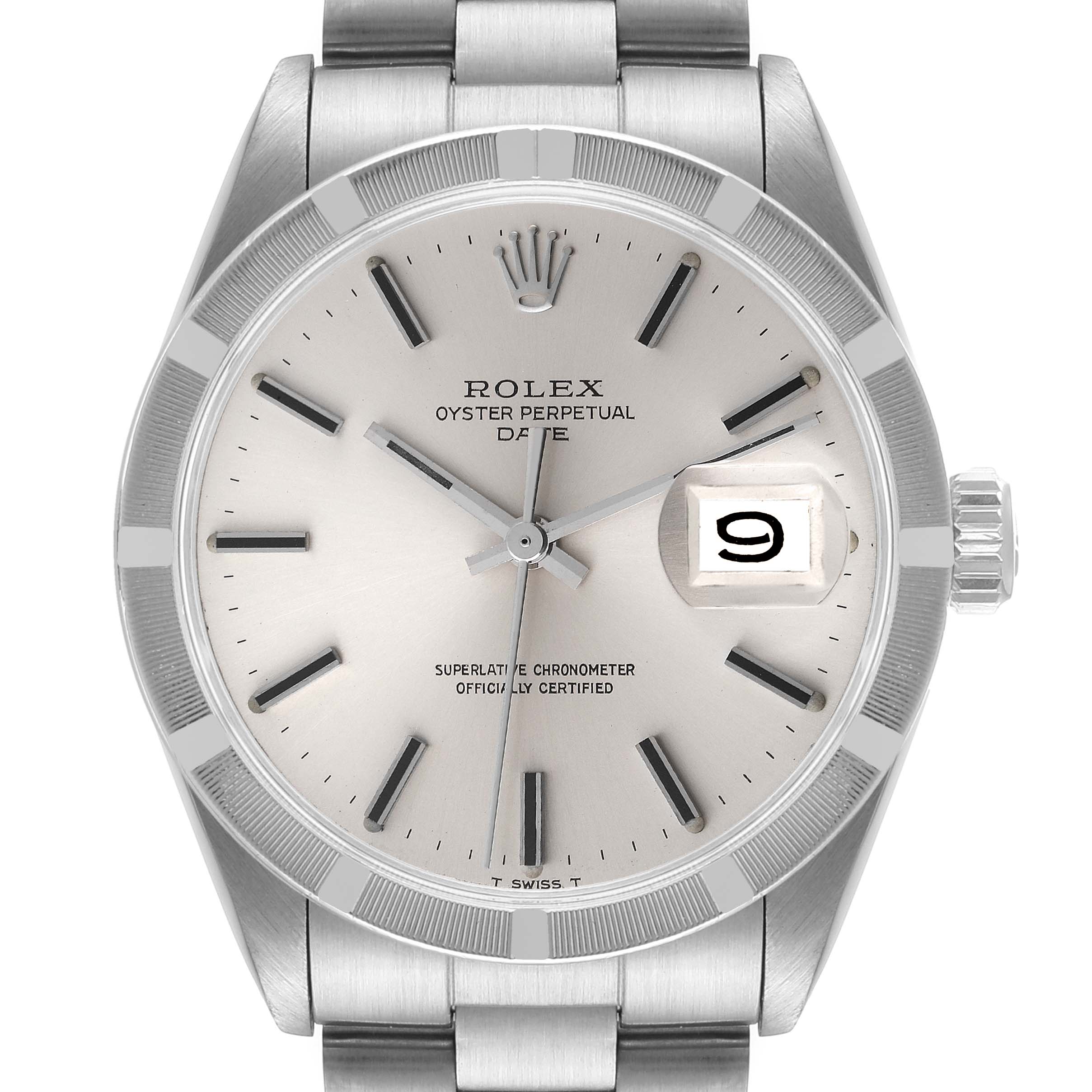 The image shows a front view of the Rolex Vintage Collection 15010 Men's Stainless Steel Silver Dial 15010 Men's Stainless Steel Silver Dial Oyster Perpetual Date watch, highlighting its dial, hands, and date window.