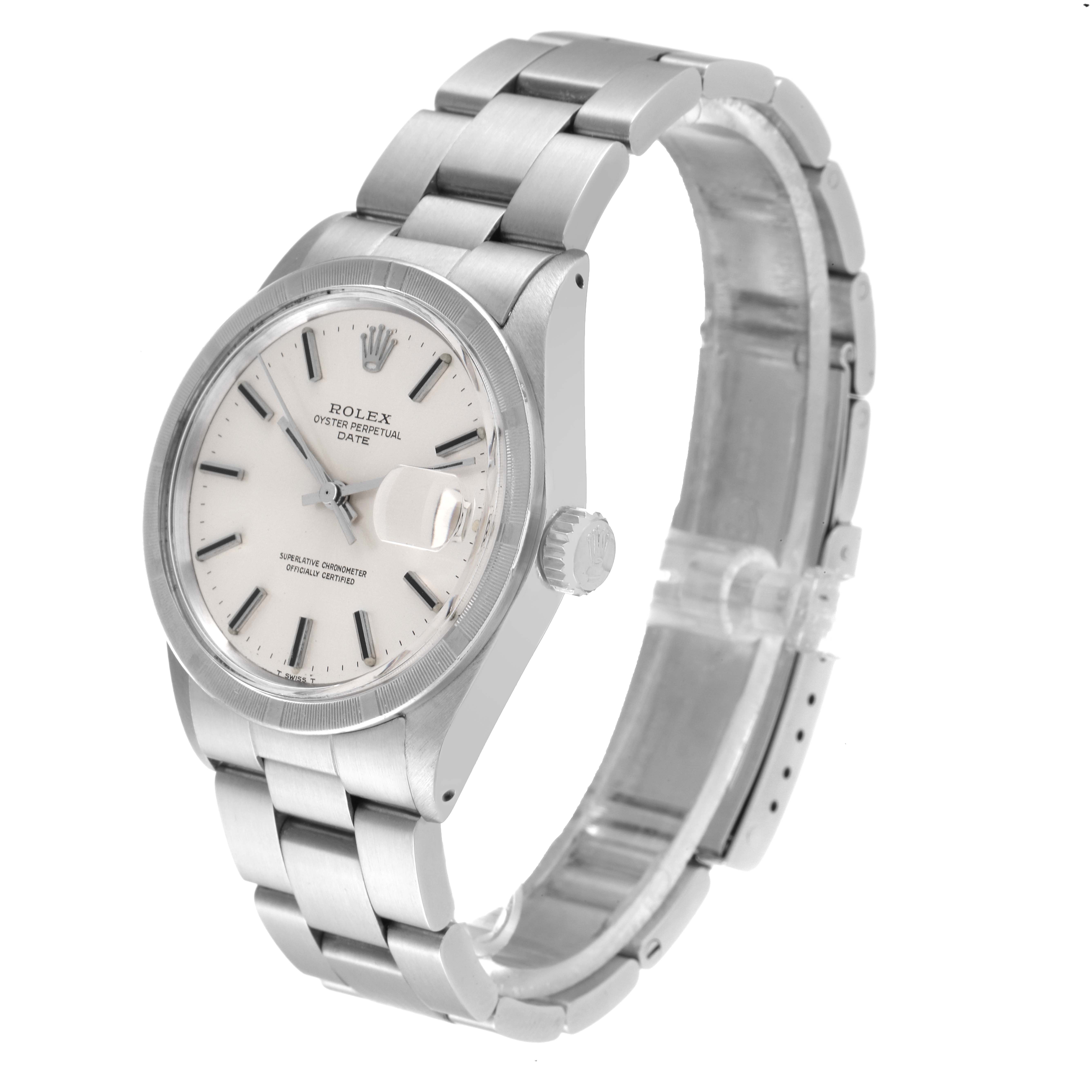 The image shows a Rolex Vintage Collection 15010 Men's Stainless Steel Silver Dial 15010 Men's Stainless Steel Silver Dial Oyster Perpetual Date watch at a three-quarter angling, featuring the dial, bracelet, and crown.