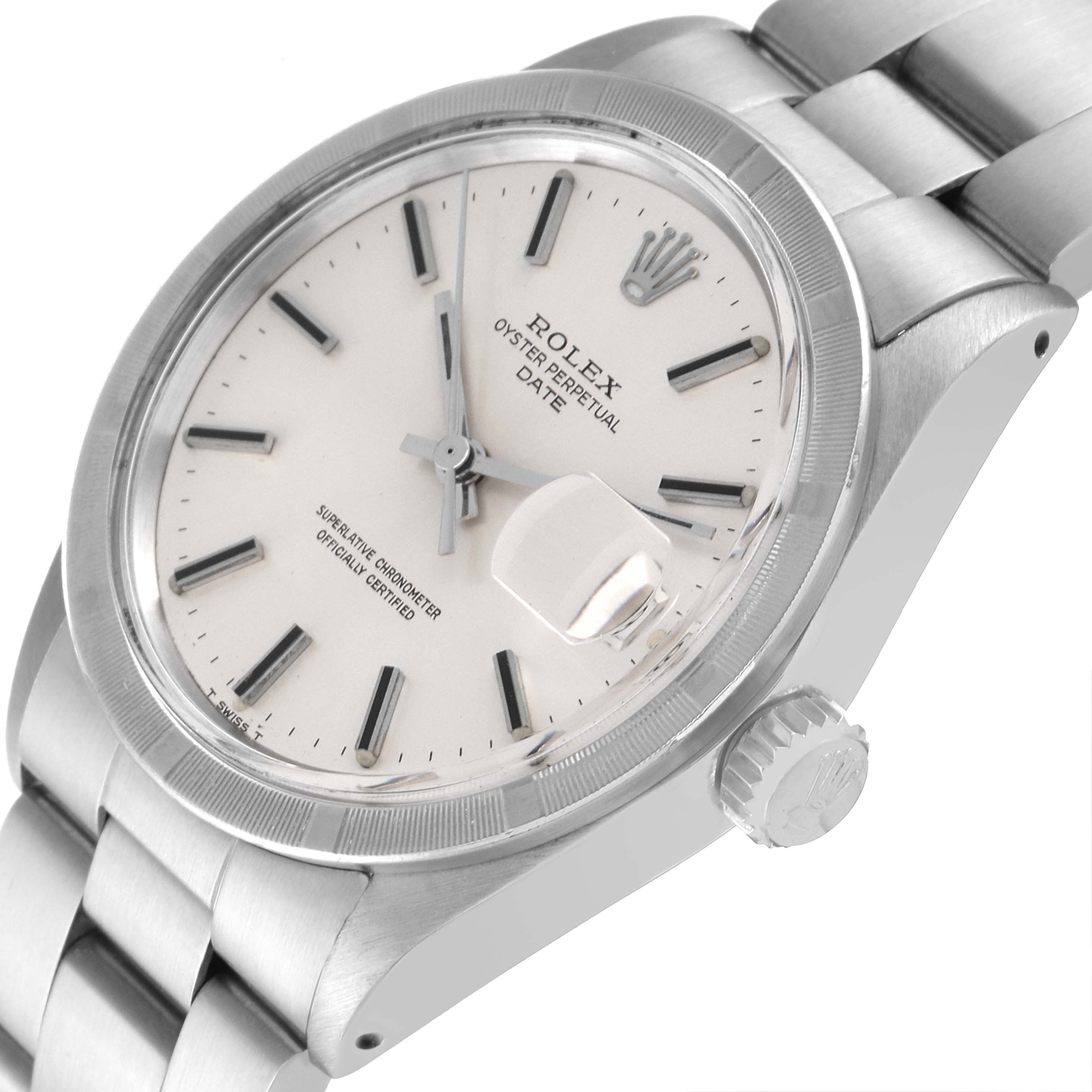 The Rolex Vintage Collection 15010 Men's Stainless Steel Silver Dial 15010 Men's Stainless Steel Silver Dial Oyster Perpetual Date watch is shown at an angle highlighting the face, bezel, crown, and part of the bracelet.