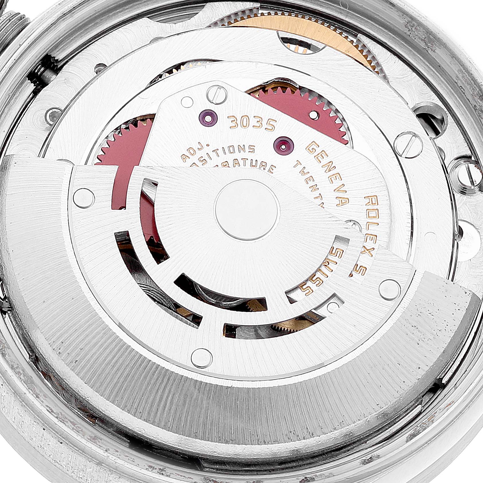 This image shows a close-up view of the intricate internal mechanism of a Rolex Vintage Collection 15010 Men's Stainless Steel Silver Dial 15010 Men's Stainless Steel Silver Dial model 3035 watch from the back.