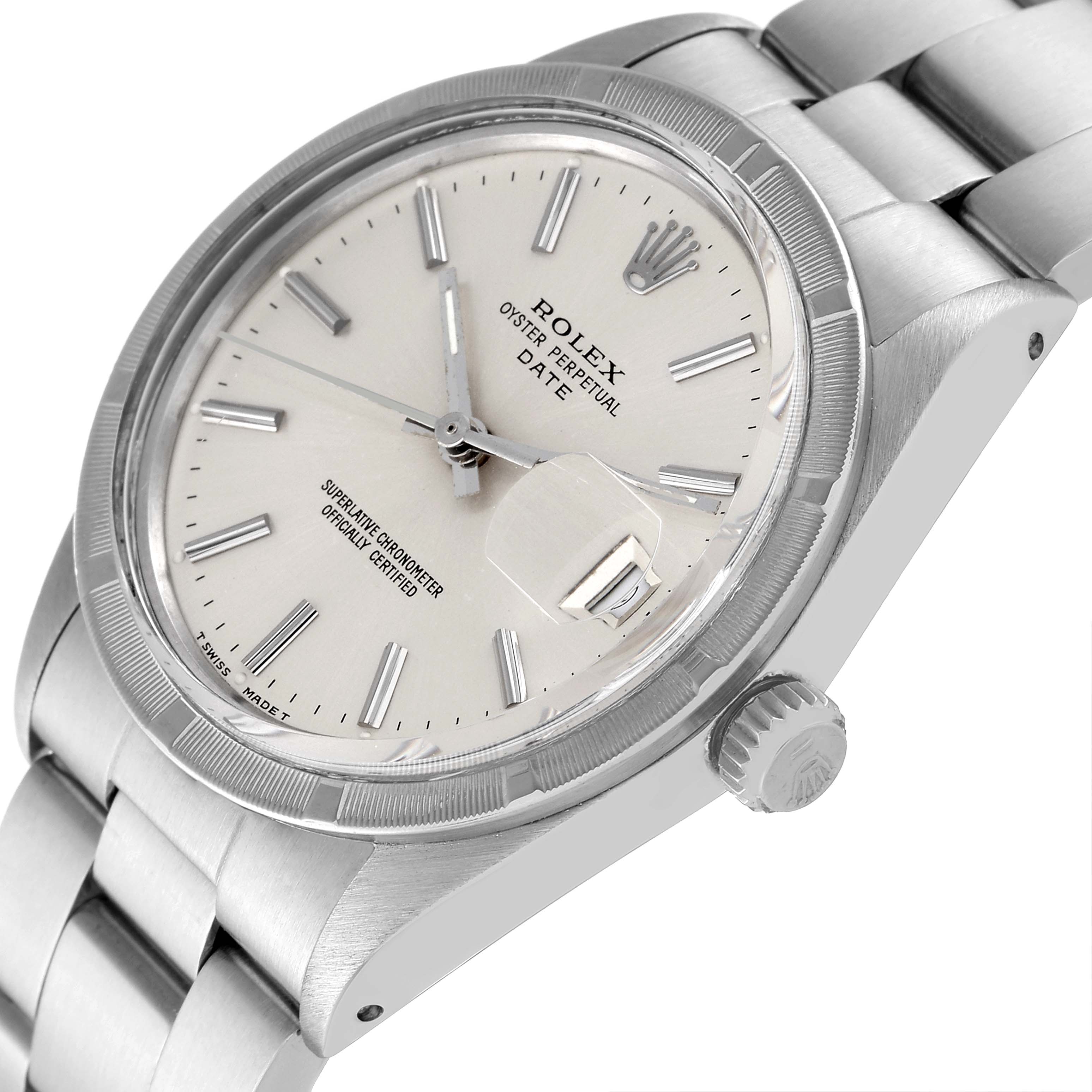The image shows a close-up view of the Rolex Vintage Collection 15010 Men's Stainless Steel Silver Dial 15010 Men's Stainless Steel Silver Dial watch, highlighting its dial, bezel, crown, and bracelet.