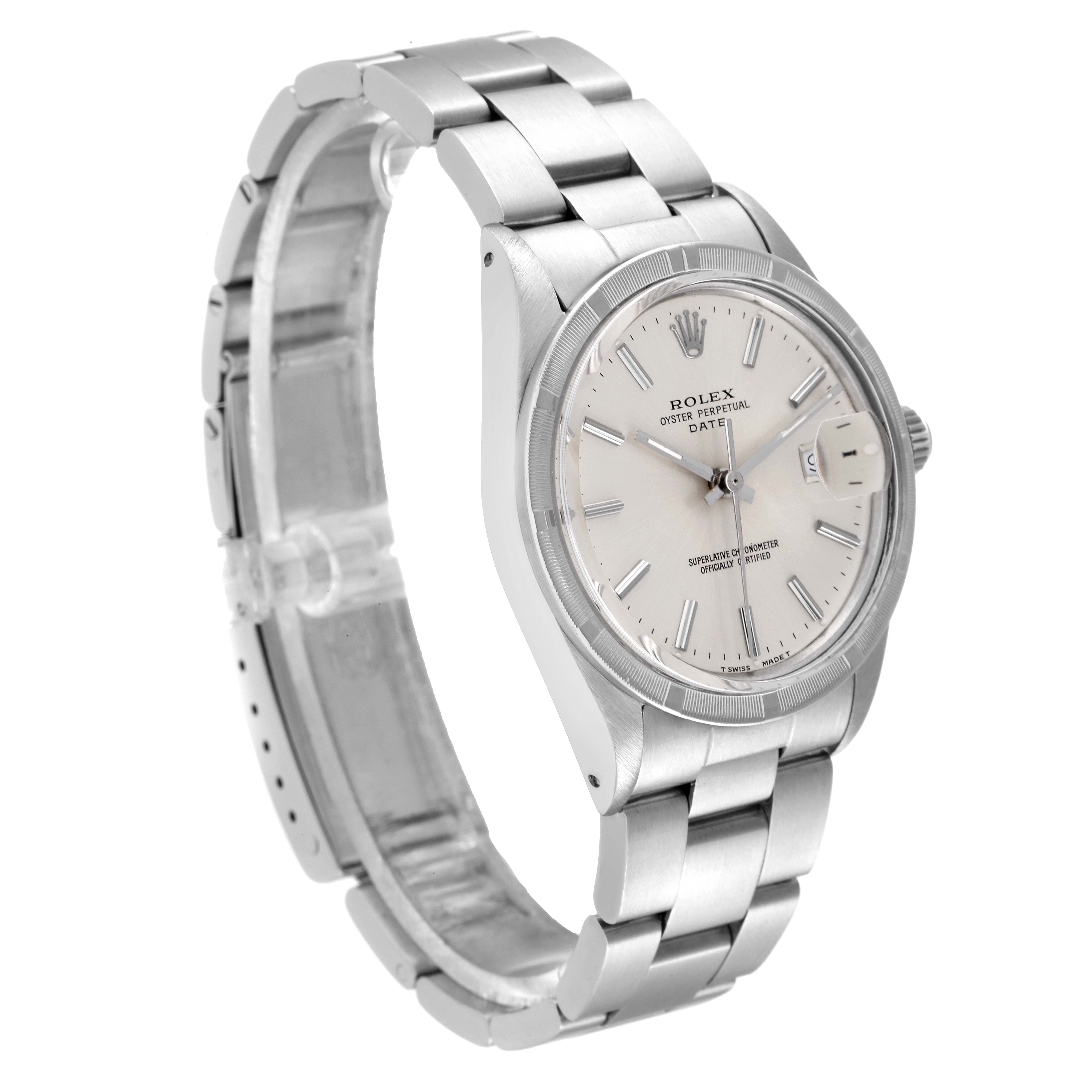 The image shows a Rolex Vintage Collection 15010 Men's Stainless Steel Silver Dial 15010 Men's Stainless Steel Silver Dial model watch from an angled side view, highlighting its silver bracelet and face.
