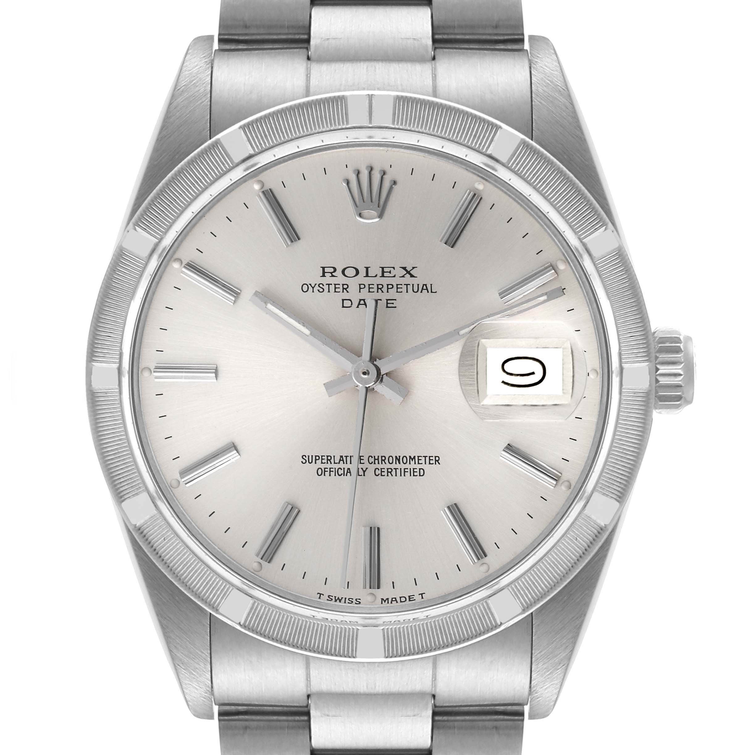 The image shows a front view of the Rolex Vintage Collection 15010 Men's Stainless Steel Silver Dial 15010 Men's Stainless Steel Silver Dial Oyster Perpetual Date watch, highlighting the face, date window, and bezel.