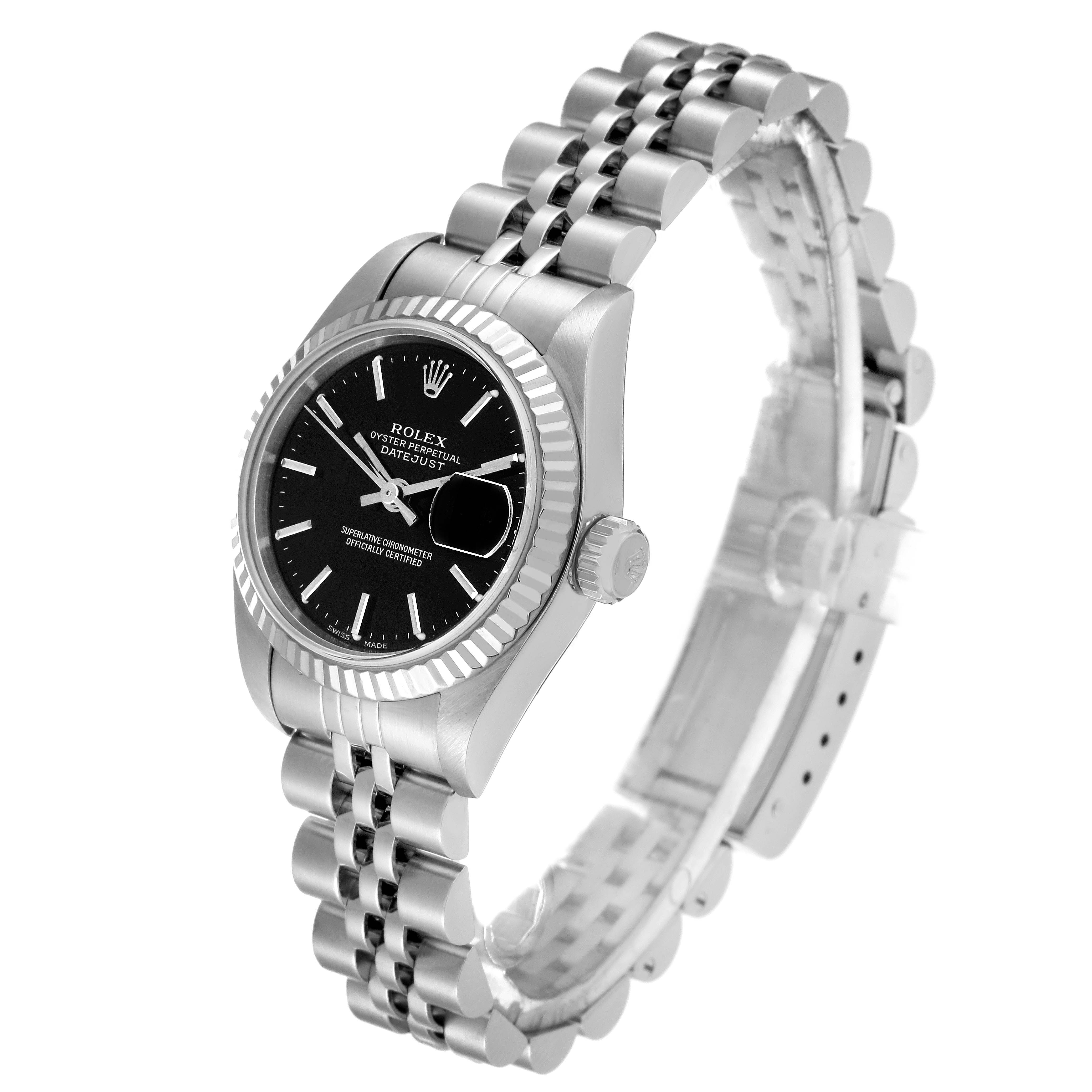 The image shows a Rolex Datejust 79174 Women's Stainless Steel Black Dial 79174 Women's Stainless Steel Black Dial watch at a 45-degree angle, capturing the face, bezel, crown, and bracelet.