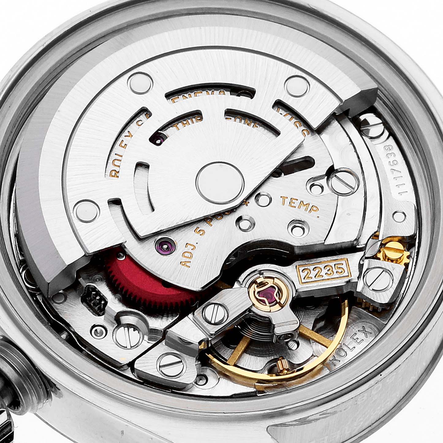 This image shows the inner mechanism and movement, specifically the caliber 2235, of the Rolex Datejust 79174 Women's Stainless Steel Black Dial 79174 Women's Stainless Steel Black Dial watch.