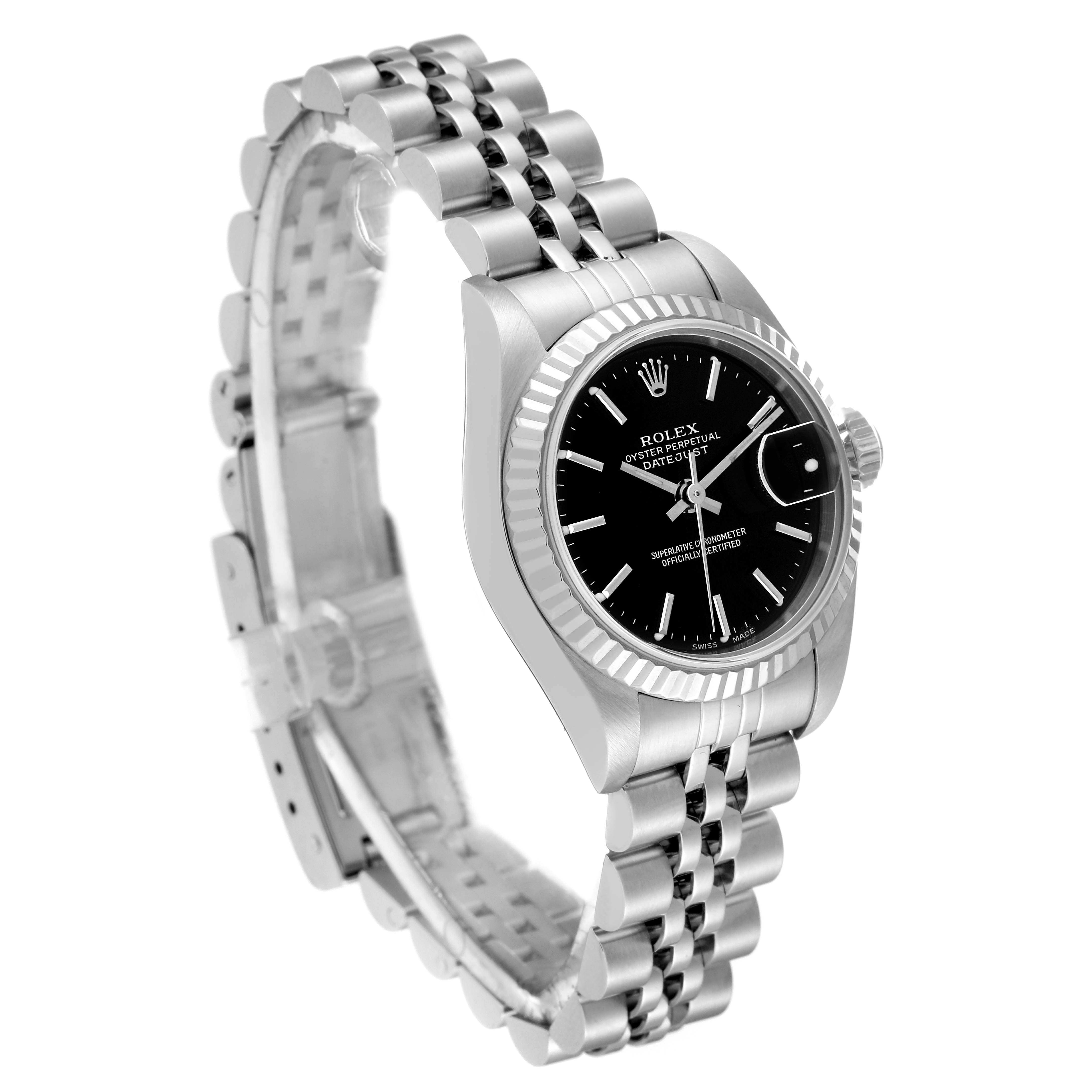 The Rolex Datejust 79174 Women's Stainless Steel Black Dial 79174 Women's Stainless Steel Black Dial watch is shown at a three-quarter angle, highlighting its black dial, fluted bezel, and Jubilee bracelet.