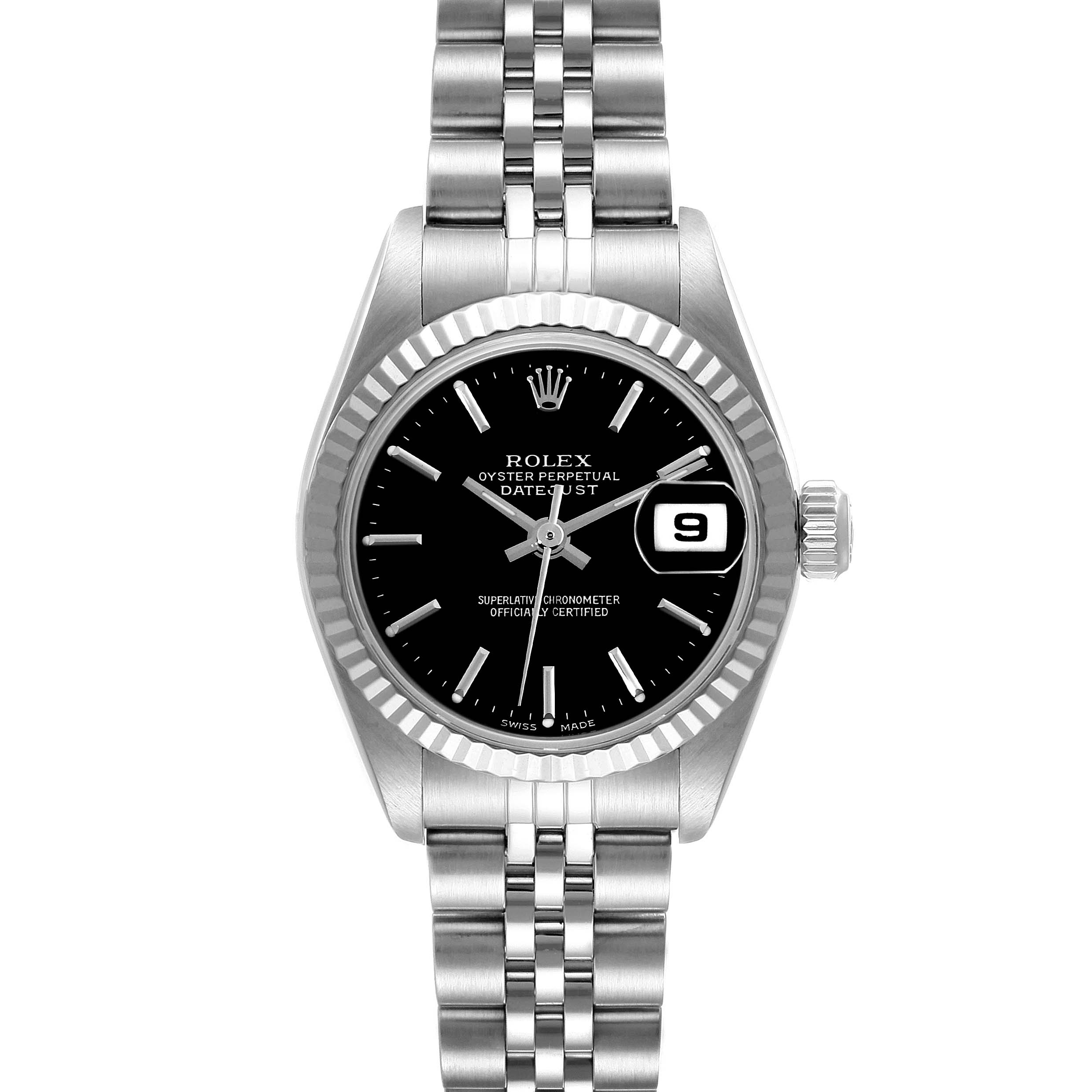 The image shows a front view of a Rolex Datejust 79174 Women's Stainless Steel Black Dial 79174 Women's Stainless Steel Black Dial watch, highlighting its black dial, date window, and stainless steel bracelet.