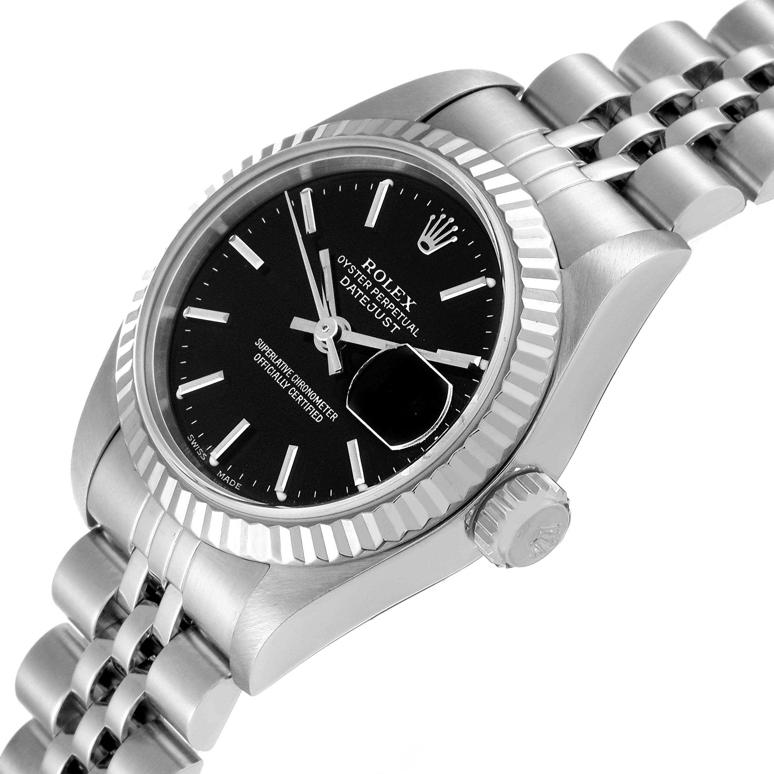 This image shows a Datejust Rolex watch at a slight angle, highlighting the black dial, crown, and Jubilee bracelet.