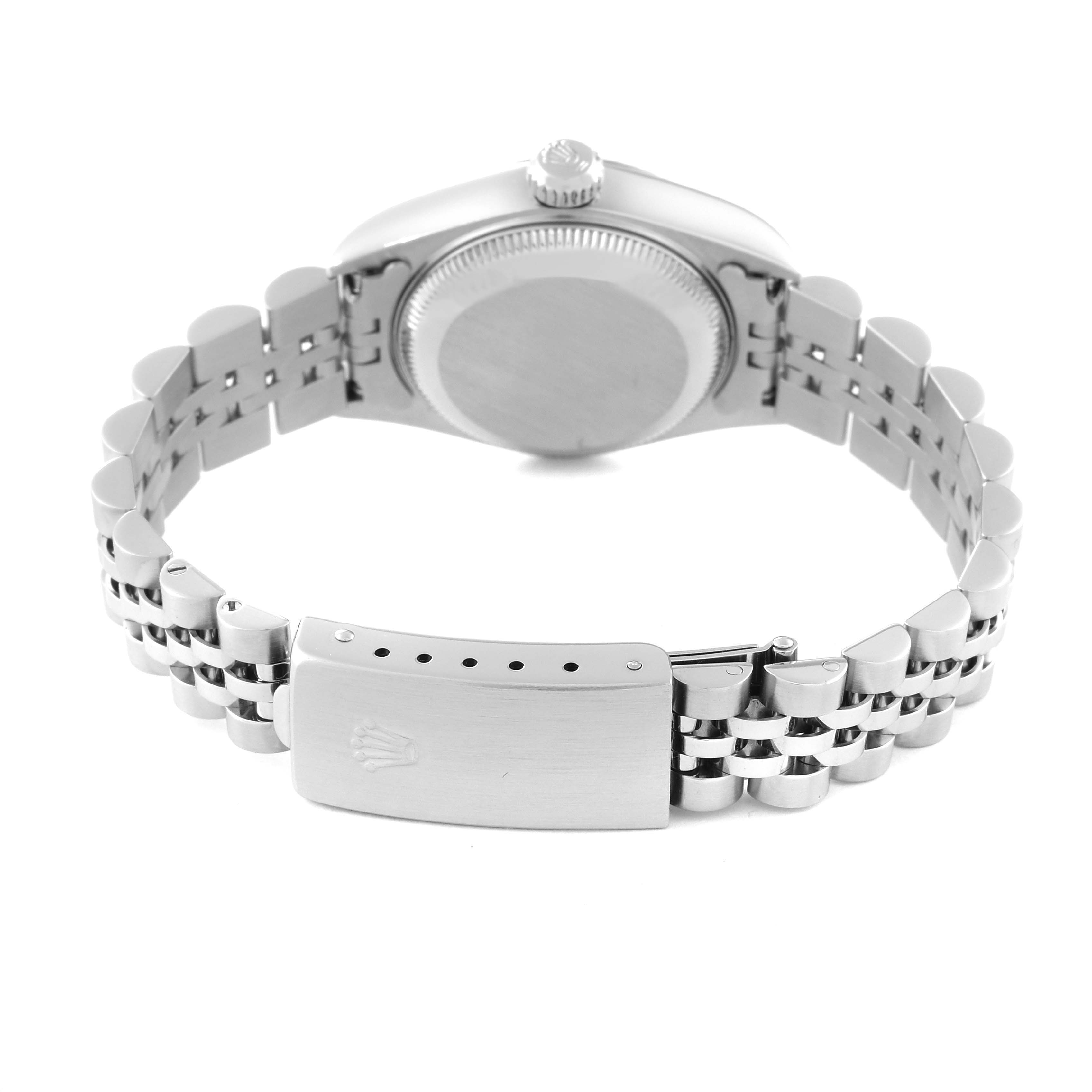 This image shows the back view of a Rolex Datejust 79174 Women's Stainless Steel Blue Dial 79174 Women's Stainless Steel Blue Dial watch, highlighting the case back and the stainless steel bracelet with the clasp.