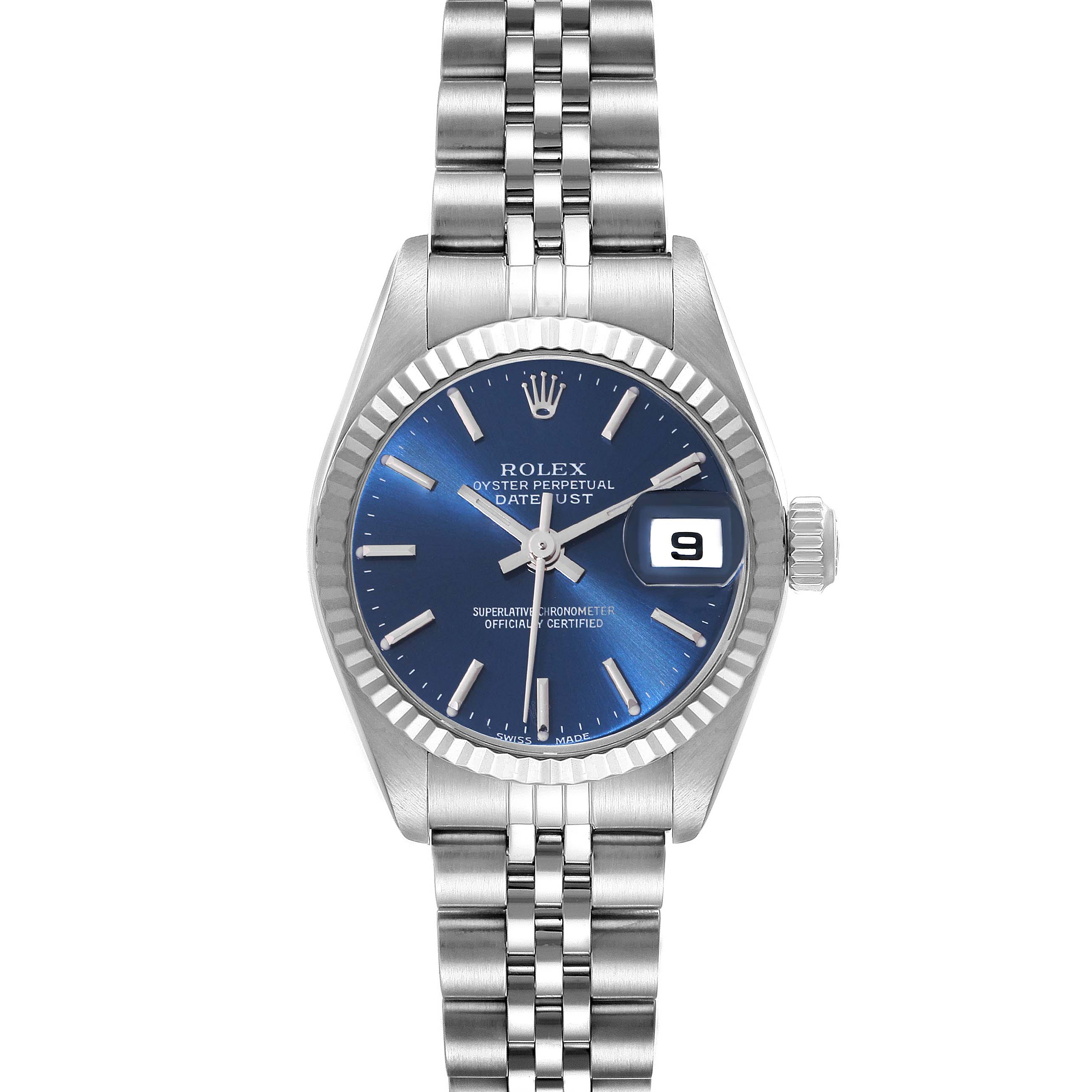 This image shows a Rolex Datejust 79174 Women's Stainless Steel Blue Dial 79174 Women's Stainless Steel Blue Dial watch from a top-down angle, displaying its blue dial, date window, and Jubilee bracelet.