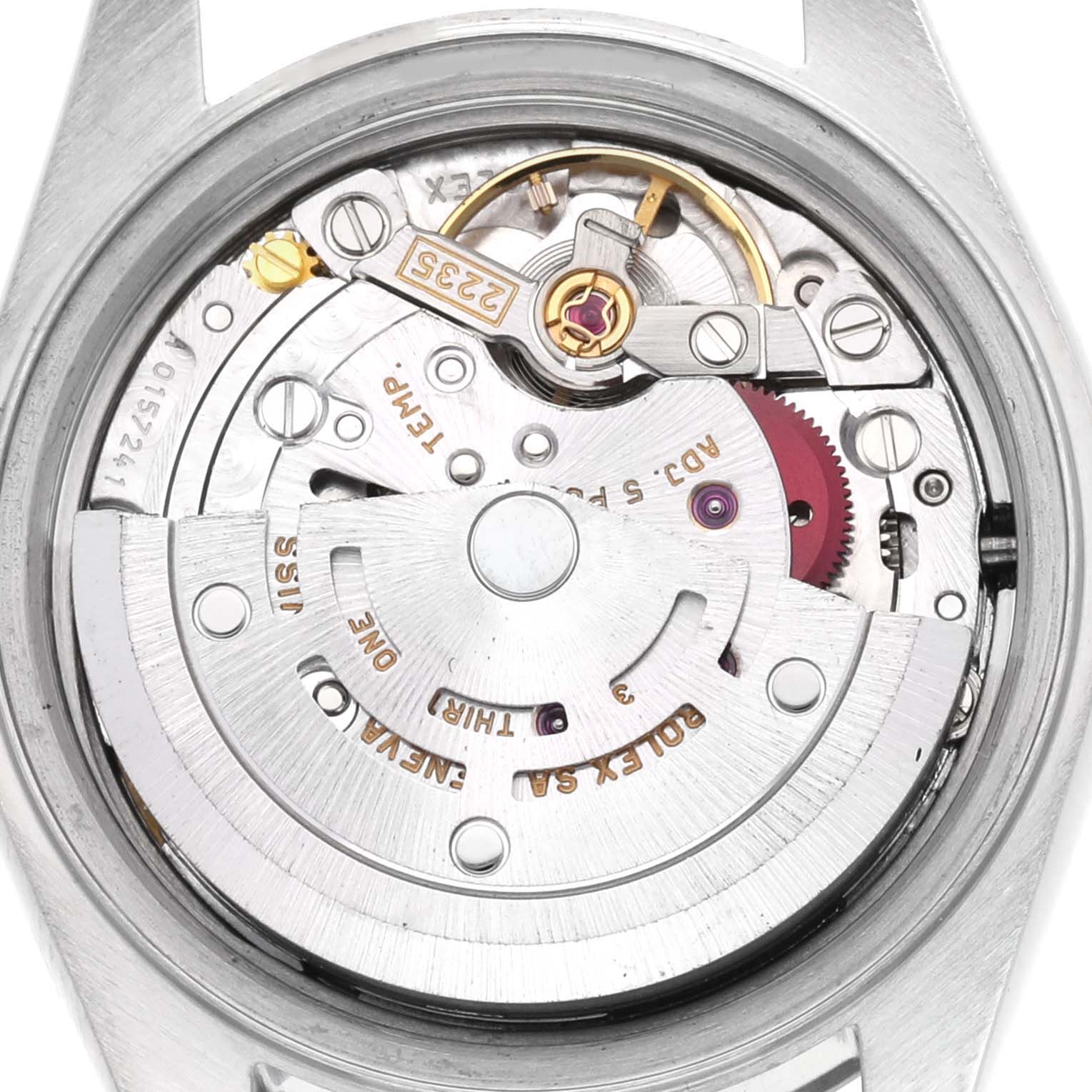 This image shows the internal mechanism of a Rolex Datejust 79174 Women's Stainless Steel Blue Dial 79174 Women's Stainless Steel Blue Dial watch from a close-up angle.