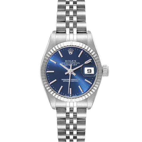 This image shows a frontal view of a Rolex Datejust watch, highlighting its blue dial, date window, and Jubilee bracelet.