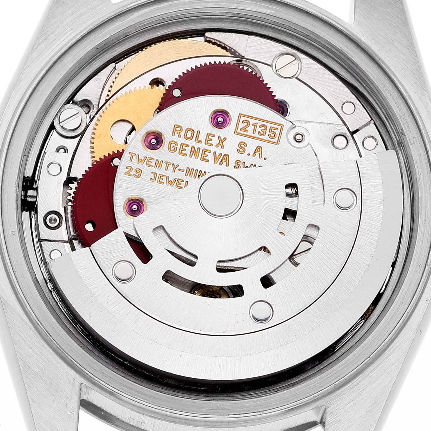 The image shows the internal mechanism and movement parts of a Rolex Datejust 69174 Women's Stainless Steel White Dial 69174 Women's Stainless Steel White Dial watch from a top-down angle.