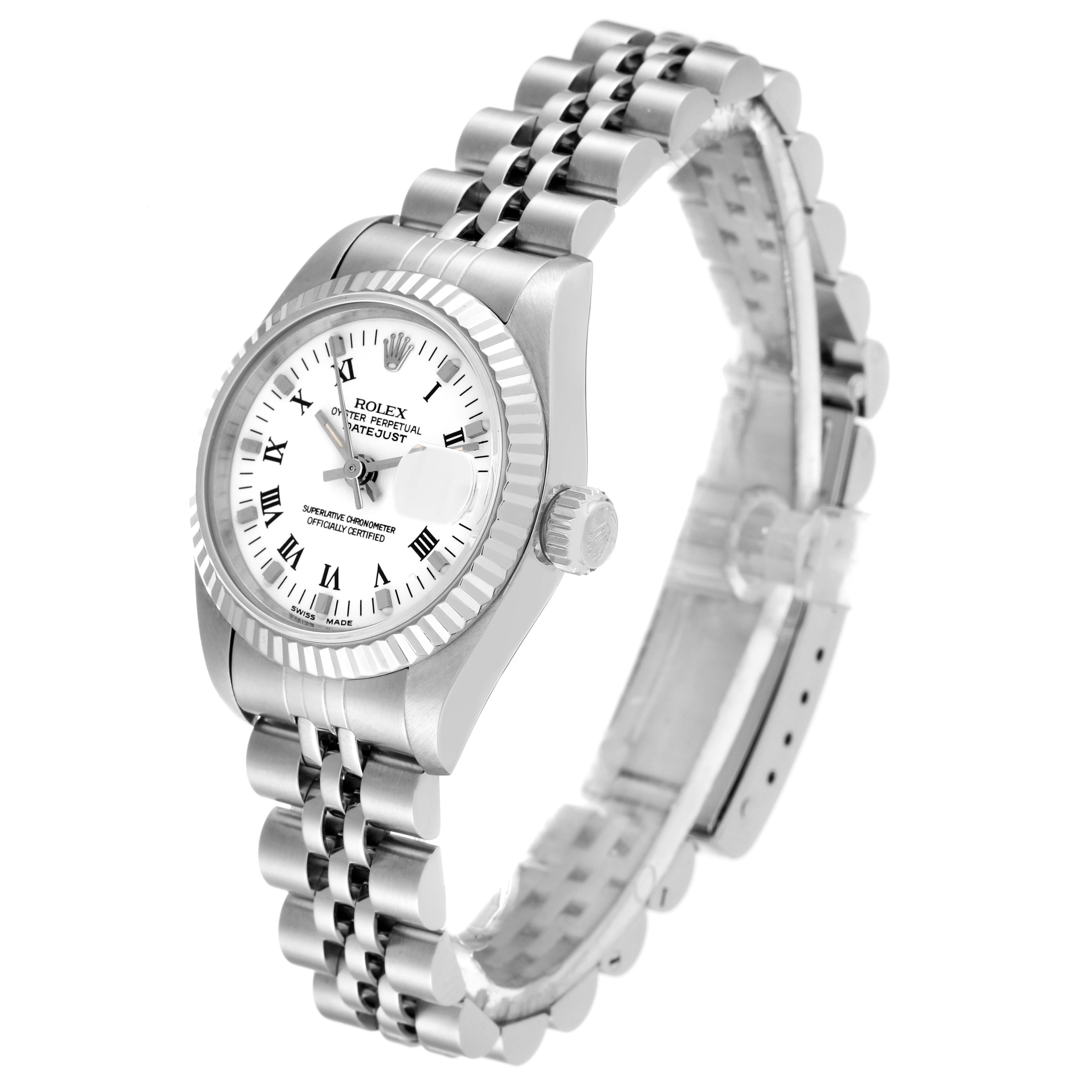The image shows a side angle of a Rolex Datejust 69174 Women's Stainless Steel White Dial 69174 Women's Stainless Steel White Dial watch, highlighting the face, bezel, crown, and Jubilee bracelet.