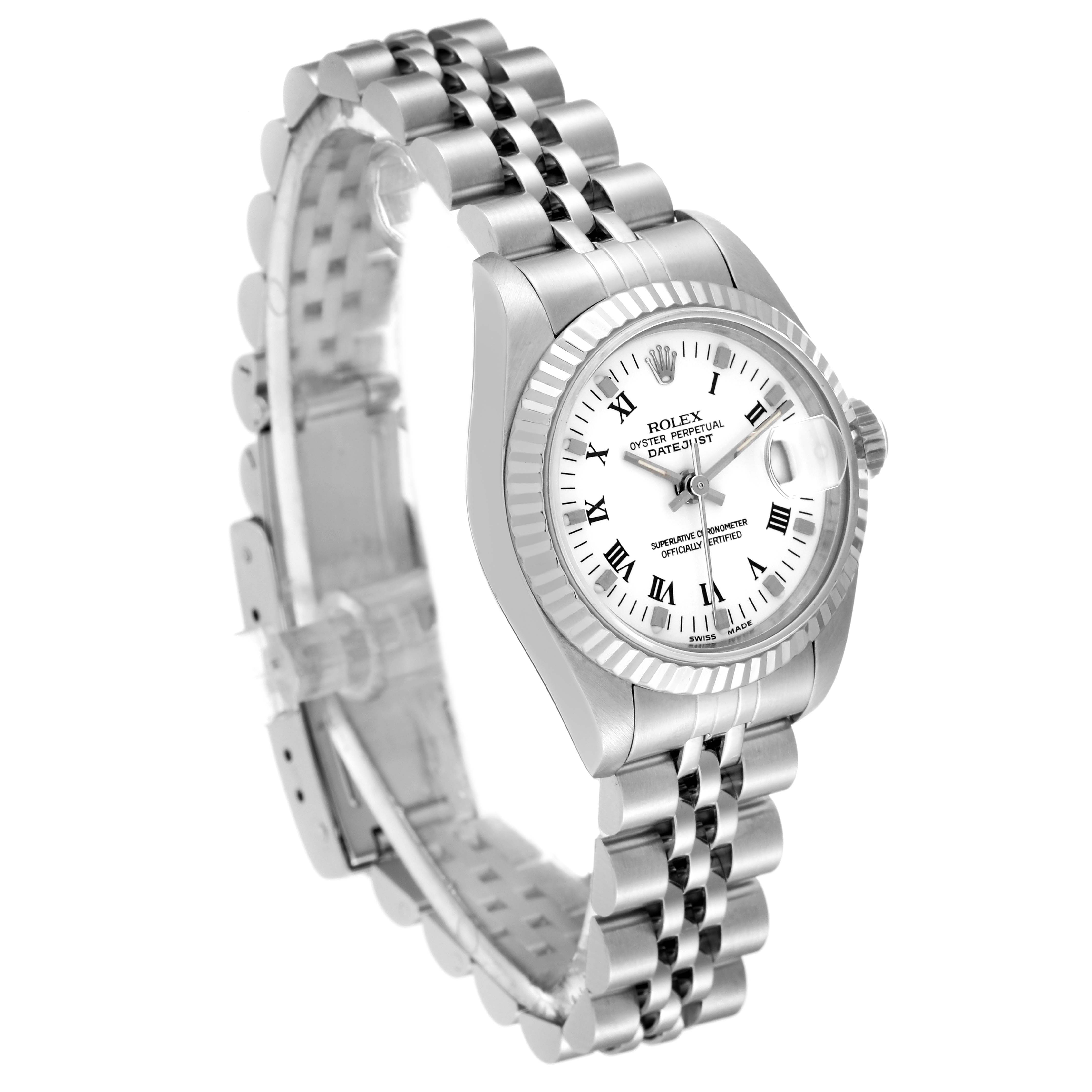 The Rolex Datejust 69174 Women's Stainless Steel White Dial 69174 Women's Stainless Steel White Dial watch is shown at a front three-quarter angle, highlighting the dial, bezel, and bracelet.