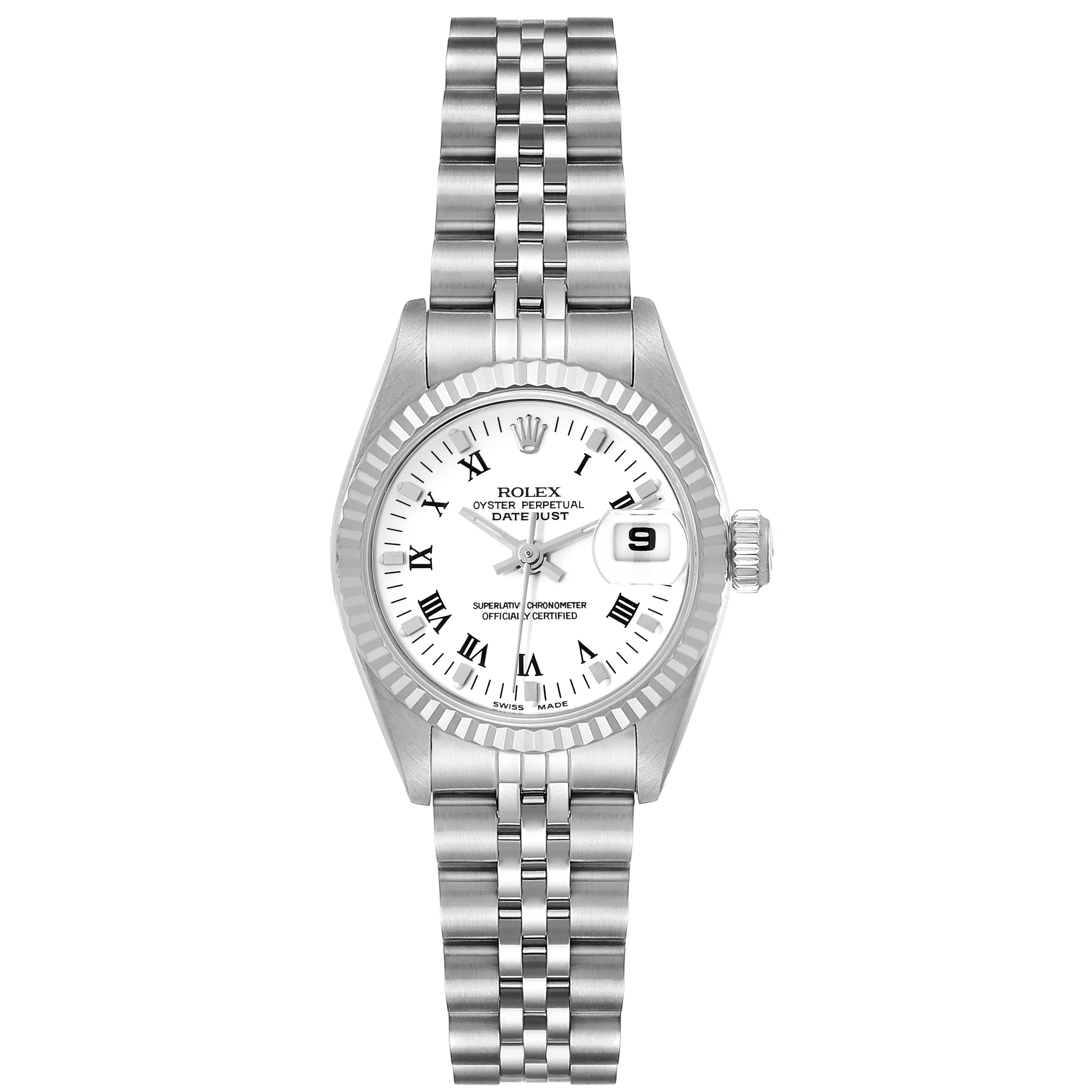 The image shows a Rolex Datejust 69174 Women's Stainless Steel White Dial 69174 Women's Stainless Steel White Dial watch from a top-down angle displaying the watch face, bezel, bracelet, and crown.