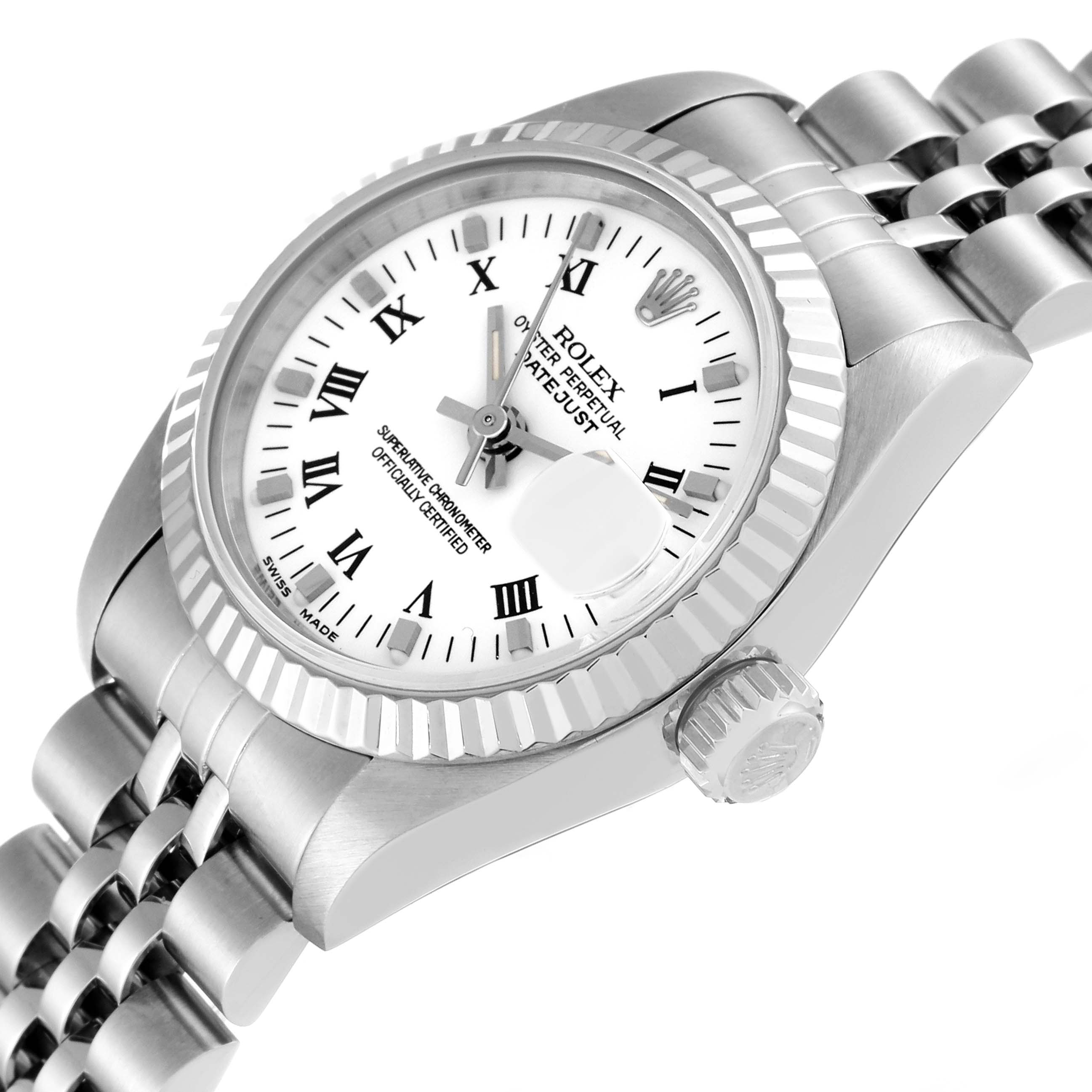 The image shows a close-up, angled view of a Rolex Datejust 69174 Women's Stainless Steel White Dial 69174 Women's Stainless Steel White Dial watch, highlighting its dial, bezel, case, crown, and part of the bracelet.