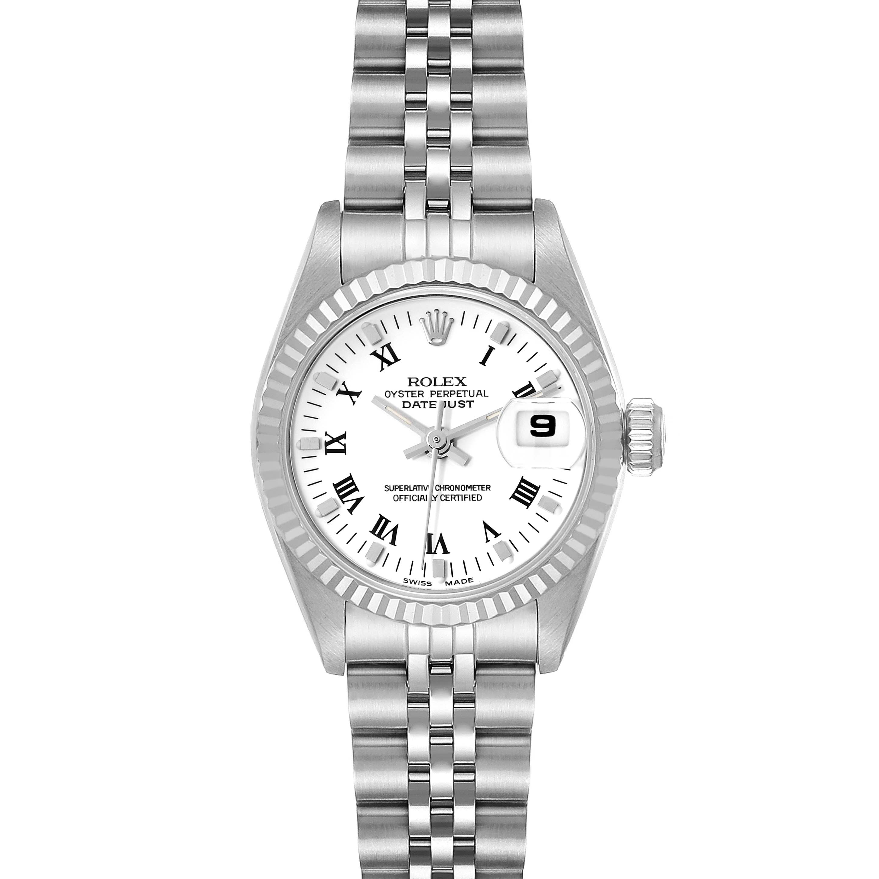 The image shows a frontal view of the Rolex Datejust 69174 Women's Stainless Steel White Dial 69174 Women's Stainless Steel White Dial watch, highlighting the face, bezel, and bracelet.