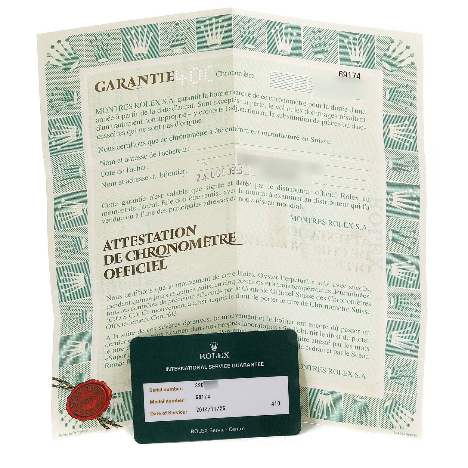The image shows the warranty certificate and service guarantee card for a Rolex Datejust 69174 Women's Stainless Steel White Dial 69174 Women's Stainless Steel White Dial model.