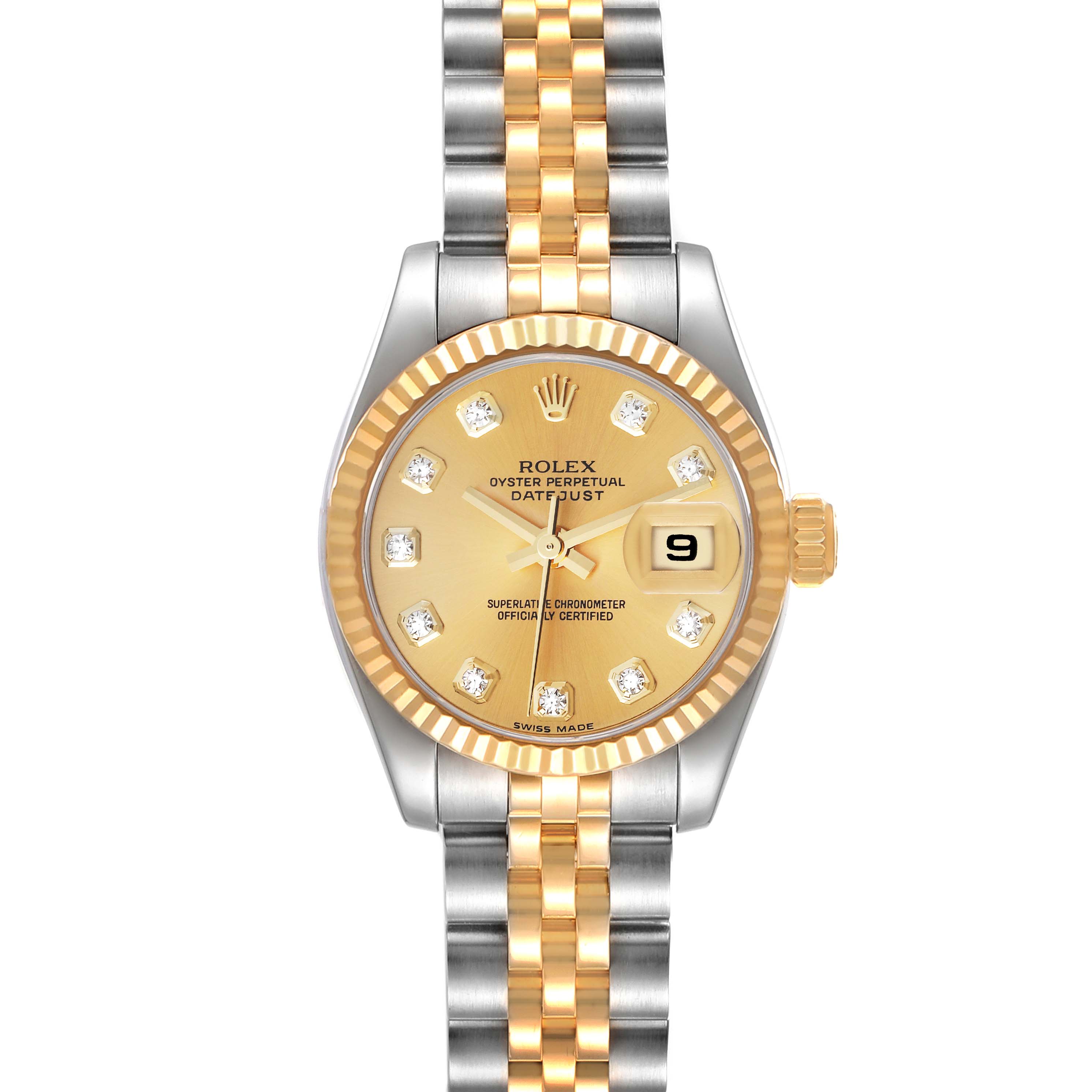 This image shows a front view of the Rolex Datejust 179173 Women's Steel and Gold (two tone) Champagne Dial 179173 Women's Steel and Gold (two tone) Champagne Dial watch, displaying the dial, bezel, and bracelet.
