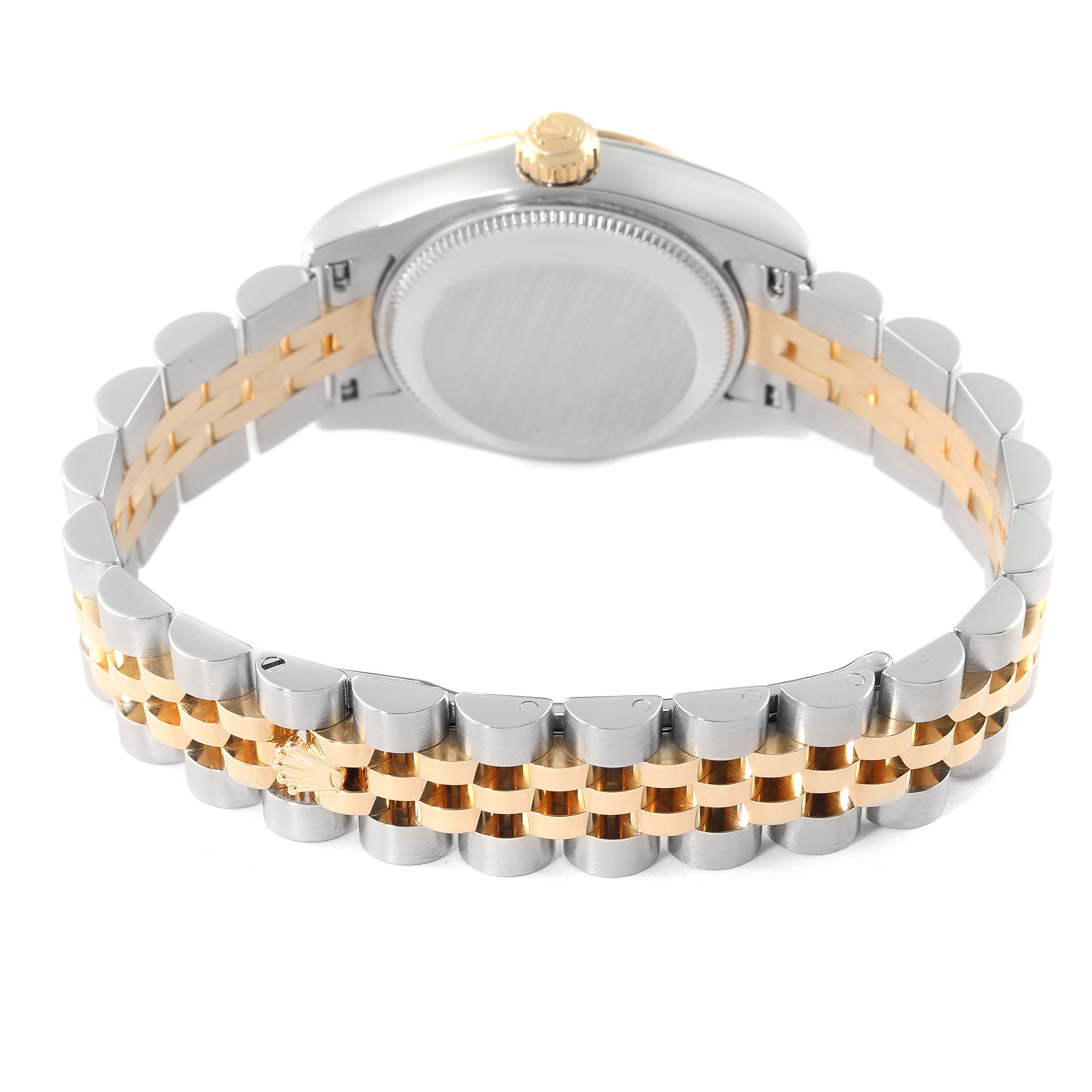 The image shows the back view of a Rolex Datejust 179173 Women's Steel and Gold (two tone) Champagne Dial 179173 Women's Steel and Gold (two tone) Champagne Dial watch, highlighting its case back and two-tone bracelet.