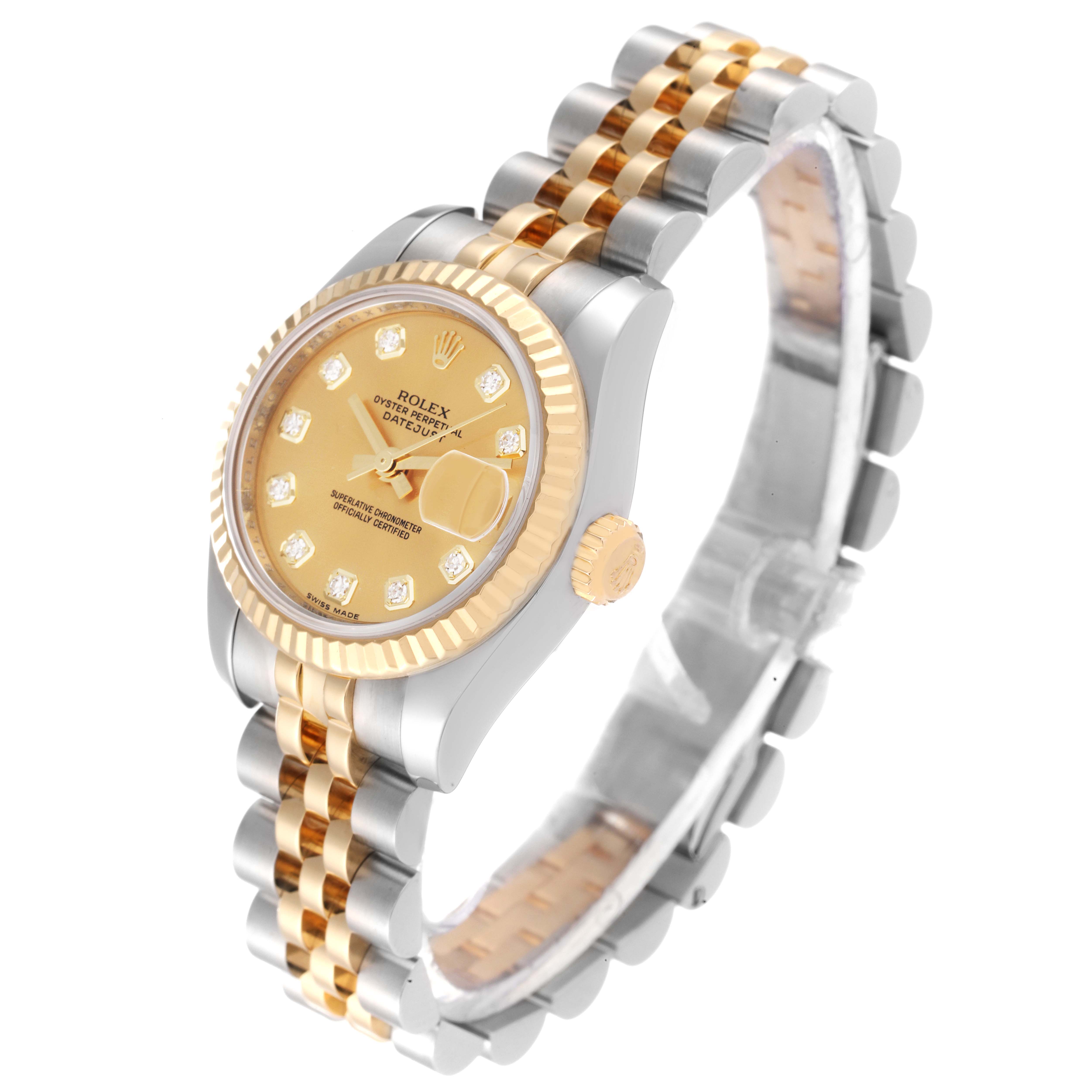 The Rolex Datejust 179173 Women's Steel and Gold (two tone) Champagne Dial 179173 Women's Steel and Gold (two tone) Champagne Dial watch is shown at an angled top view, displaying the dial, bezel, bracelet, and crown.