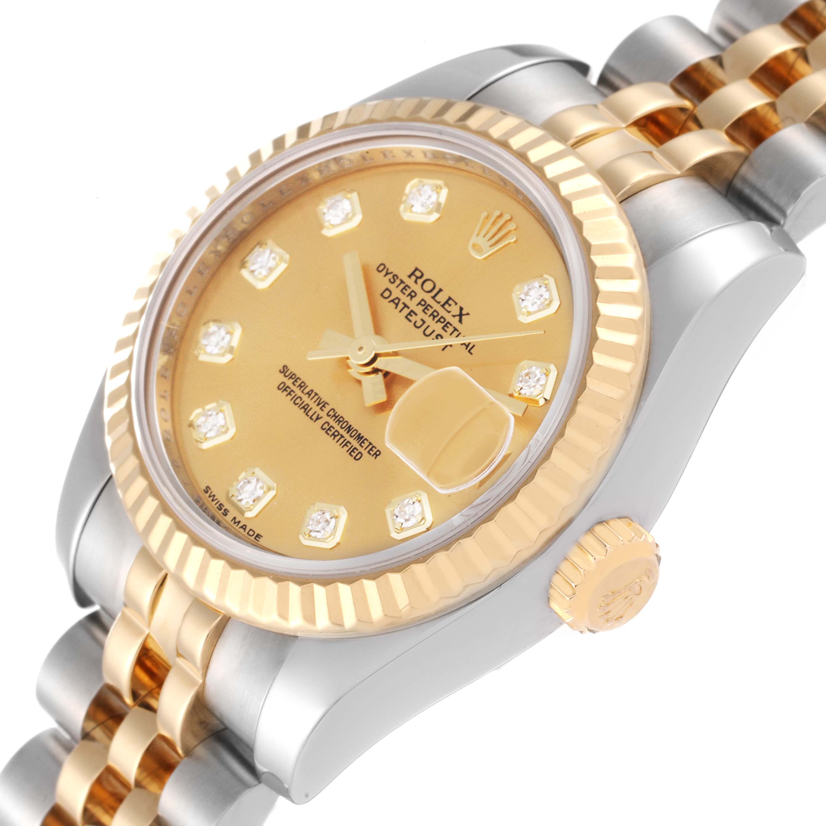 The image shows a Rolex Datejust 179173 Women's Steel and Gold (two tone) Champagne Dial 179173 Women's Steel and Gold (two tone) Champagne Dial watch at a slightly tilted angle, highlighting its gold dial, bezel, crown, and part of the two-tone bracelet.