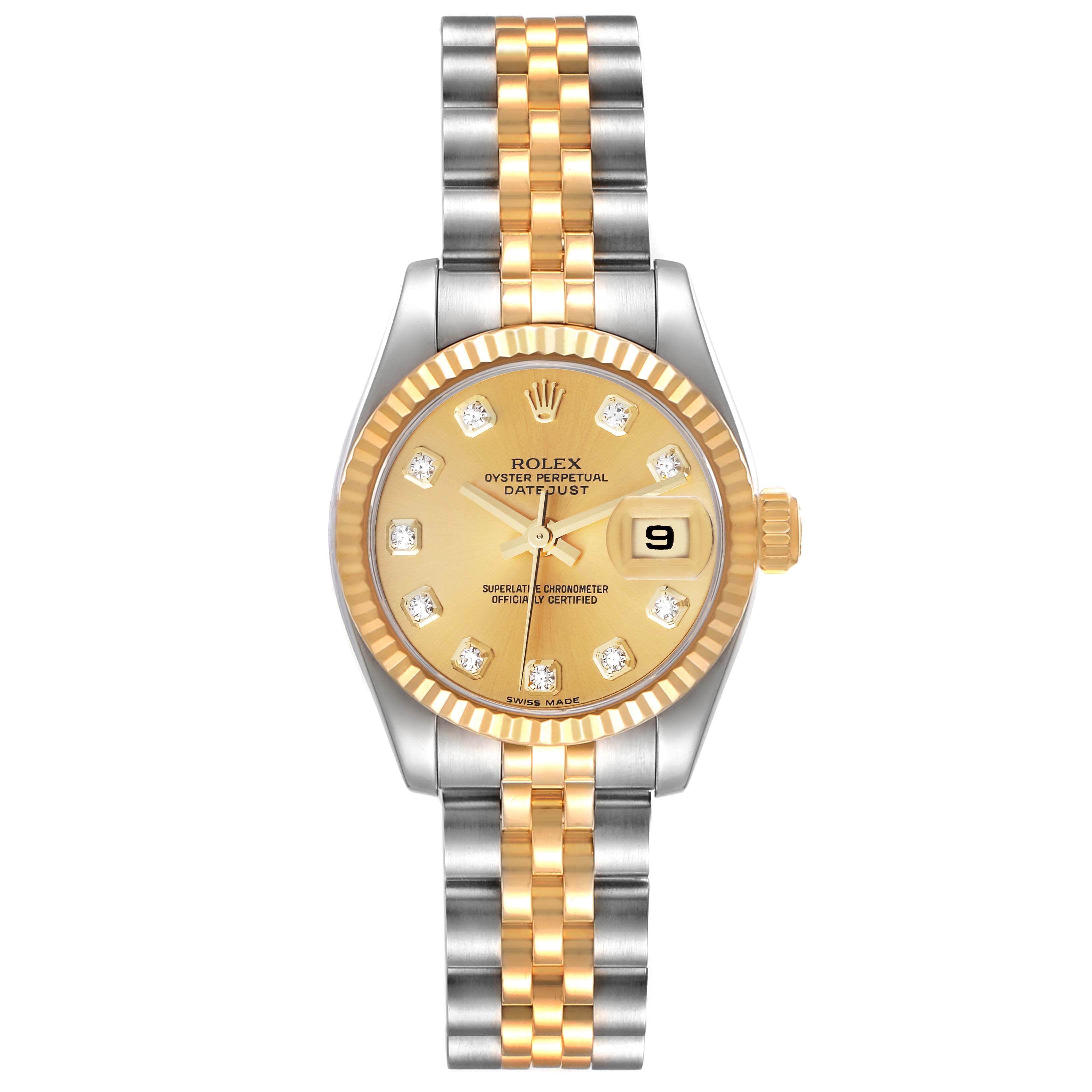 The image shows a frontal view of a Rolex Datejust 179173 Women's Steel and Gold (two tone) Champagne Dial 179173 Women's Steel and Gold (two tone) Champagne Dial watch with a two-tone band and a champagne dial with diamond markers.