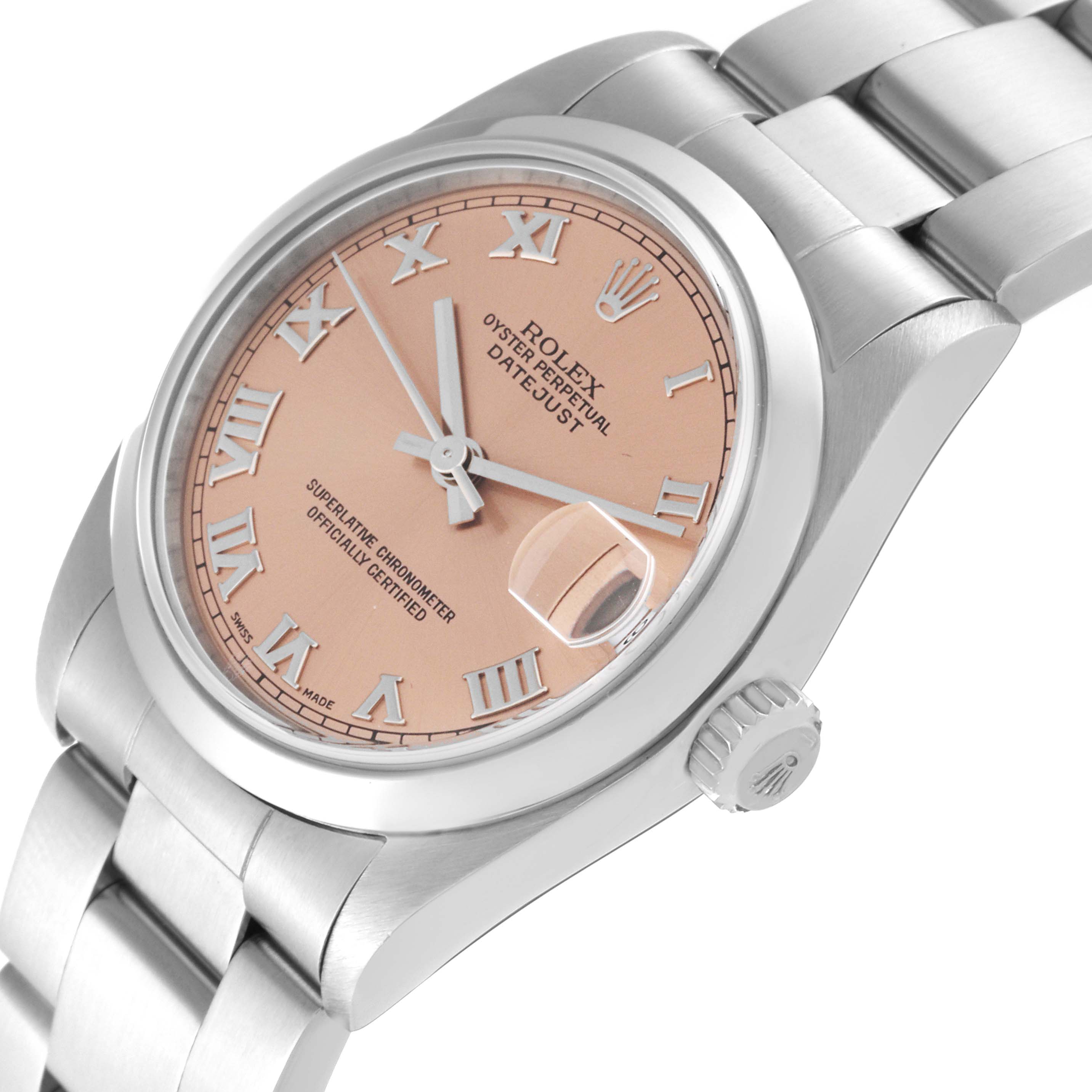 The image shows a close-up angled view of a Rolex Mid-Size 78240 Women's Stainless Steel Pink Dial 78240 Women's Stainless Steel Pink Dial Oyster Perpetual Datejust, highlighting the dial, bezel, and part of the bracelet.