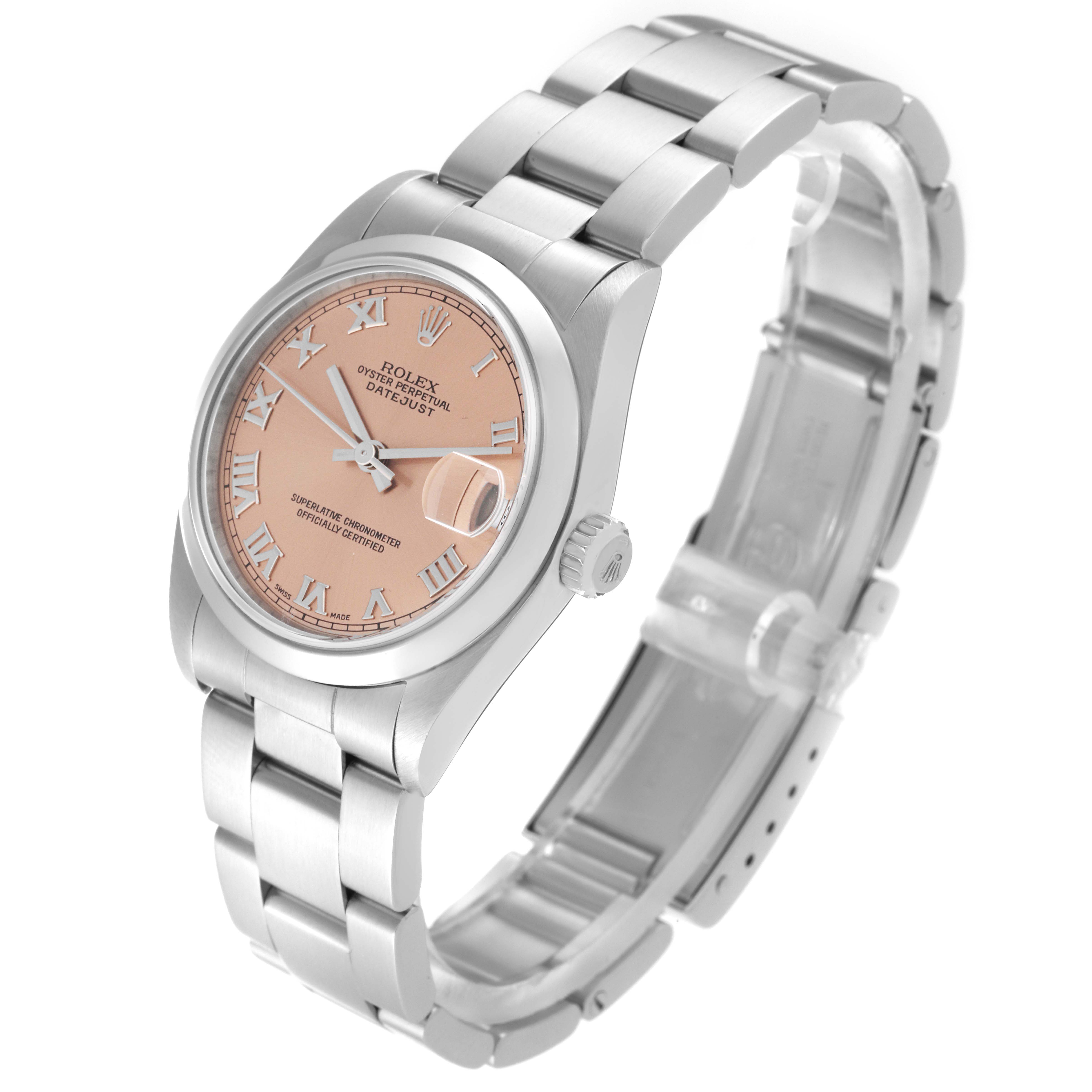 The image shows a Rolex Mid-Size 78240 Women's Stainless Steel Pink Dial 78240 Women's Stainless Steel Pink Dial model watch from an angled top-down perspective, displaying the dial, case, bracelet, and clasp.