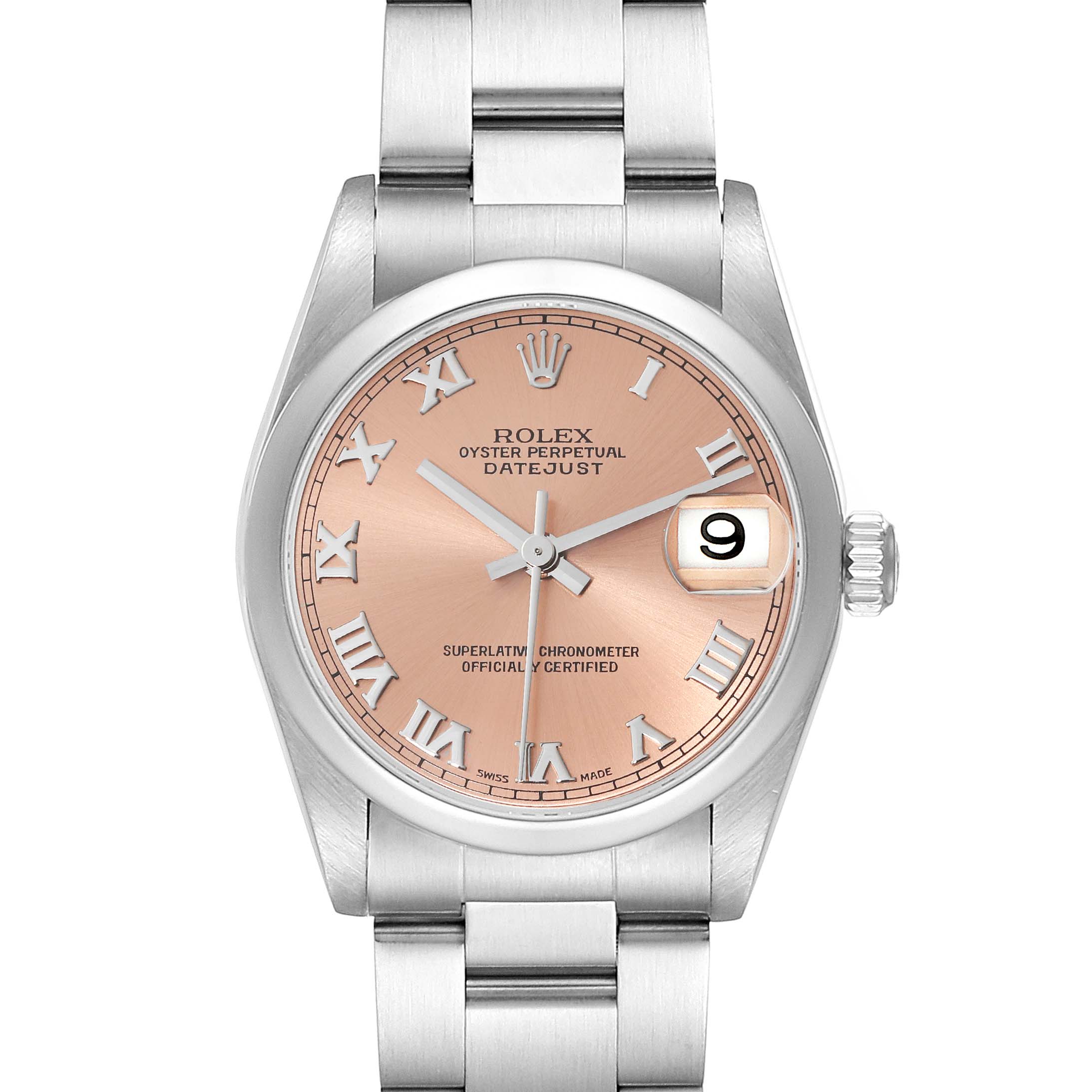 This Rolex Mid-Size 78240 Women's Stainless Steel Pink Dial 78240 Women's Stainless Steel Pink Dial Oyster Perpetual Datejust watch is shown in a front view, displaying its dial, hands, date window, and bracelet.