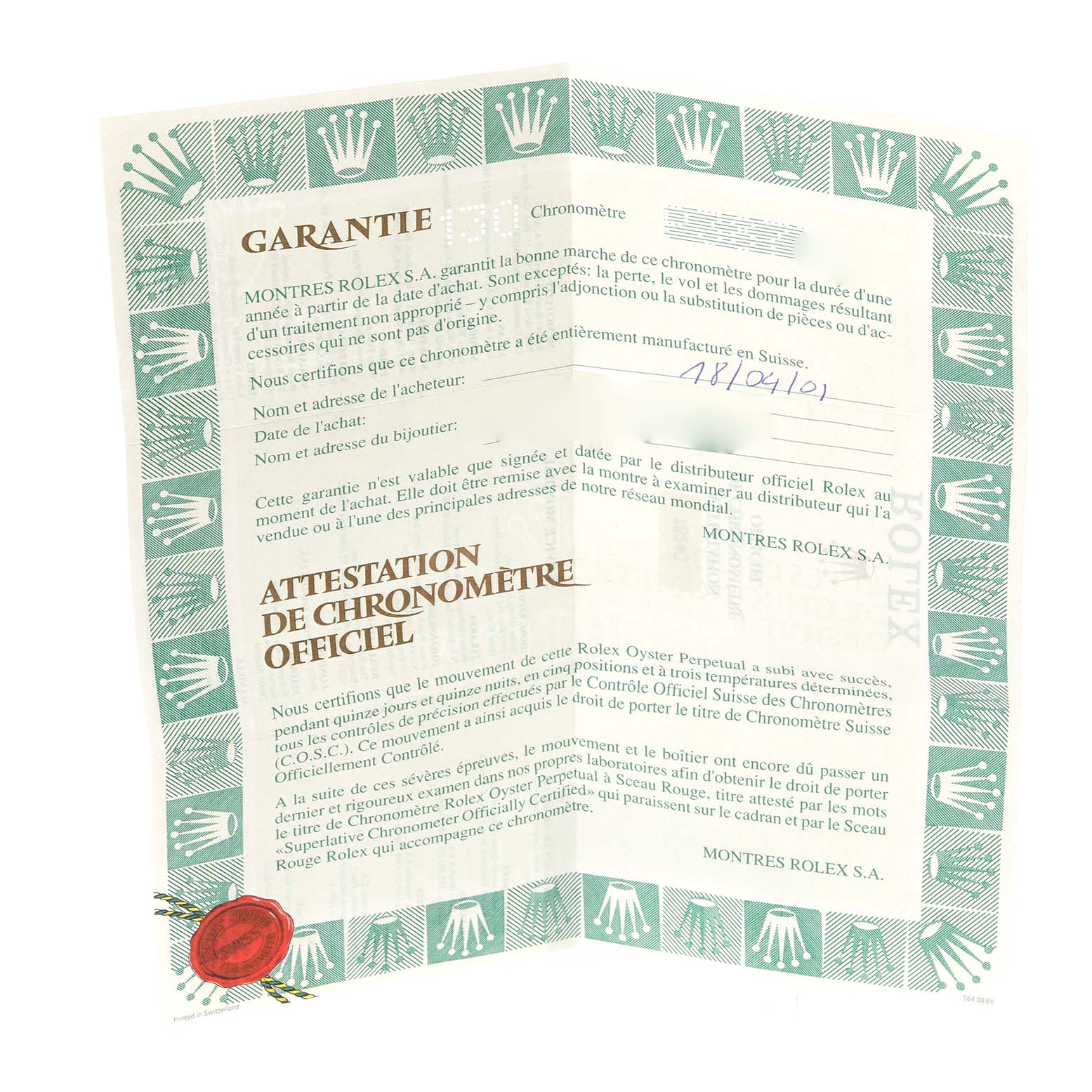 This is a warranty certificate for a Rolex Mid-Size 78240 Women's Stainless Steel Pink Dial 78240 Women's Stainless Steel Pink Dial model, showing details and authenticity verification.