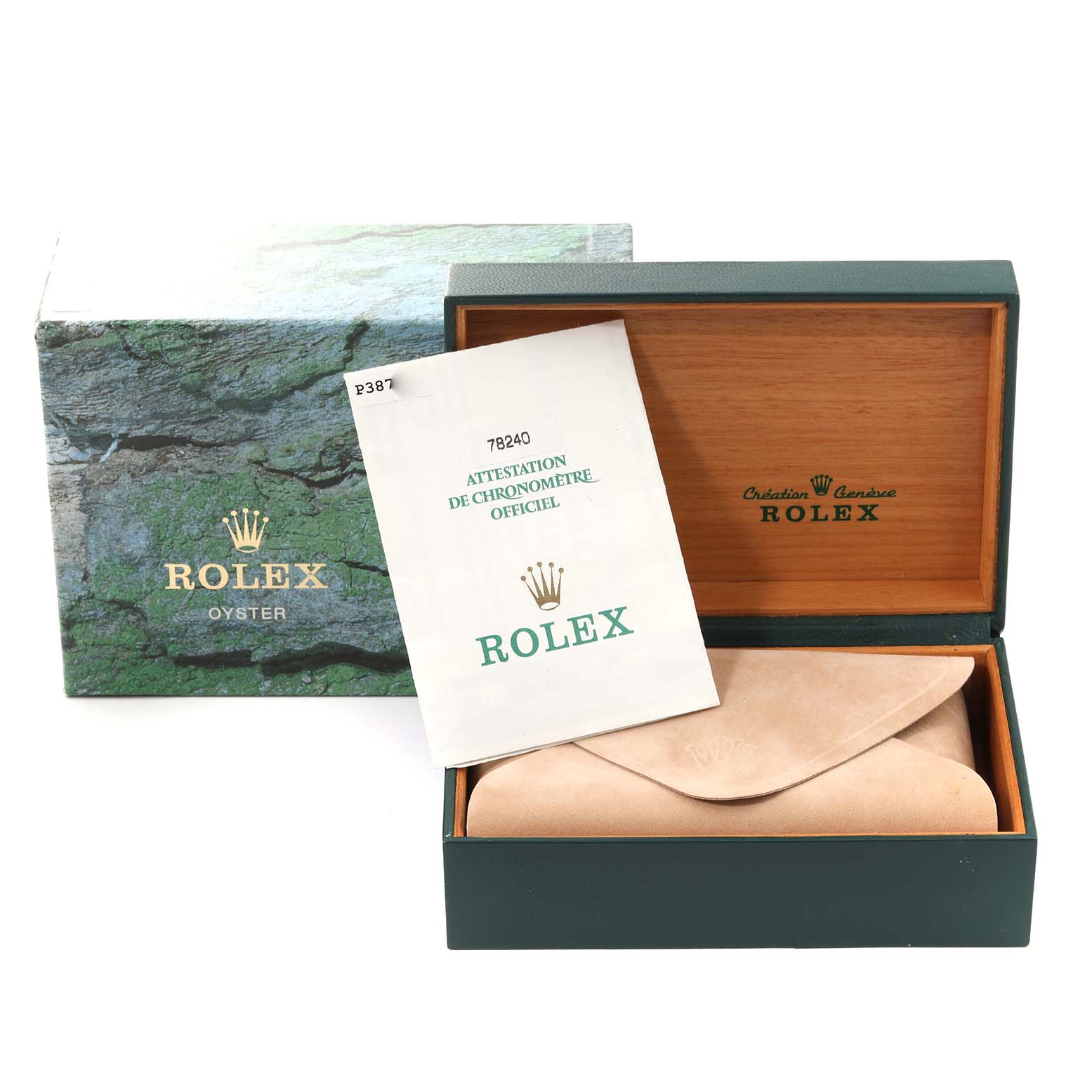 The image shows the packaging, documentation, and case for a Rolex Mid-Size 78240 Women's Stainless Steel Pink Dial 78240 Women's Stainless Steel Pink Dial model watch.
