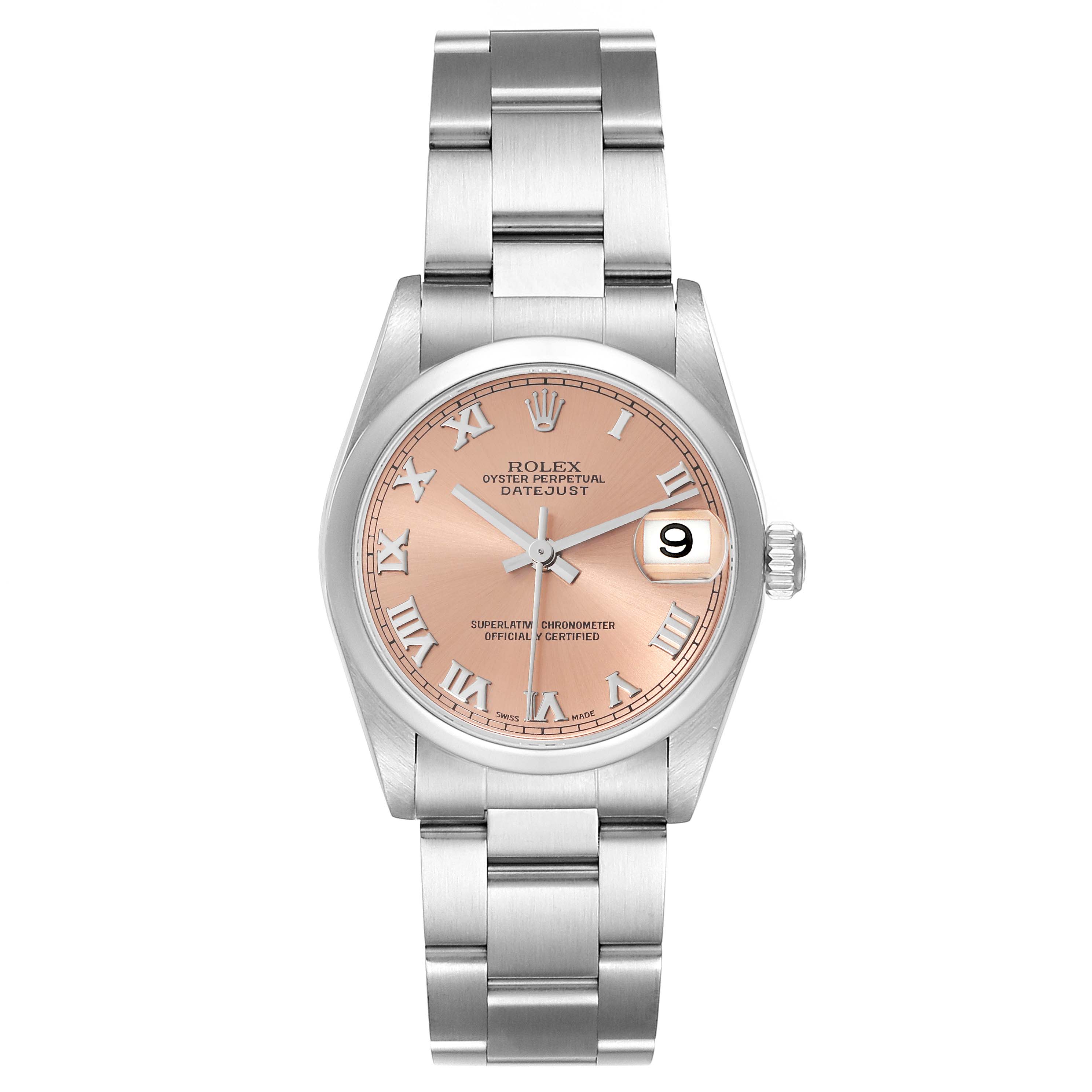 This image shows a front view of a Rolex Mid-Size 78240 Women's Stainless Steel Pink Dial 78240 Women's Stainless Steel Pink Dial Oyster Perpetual Datejust watch with a pink dial.