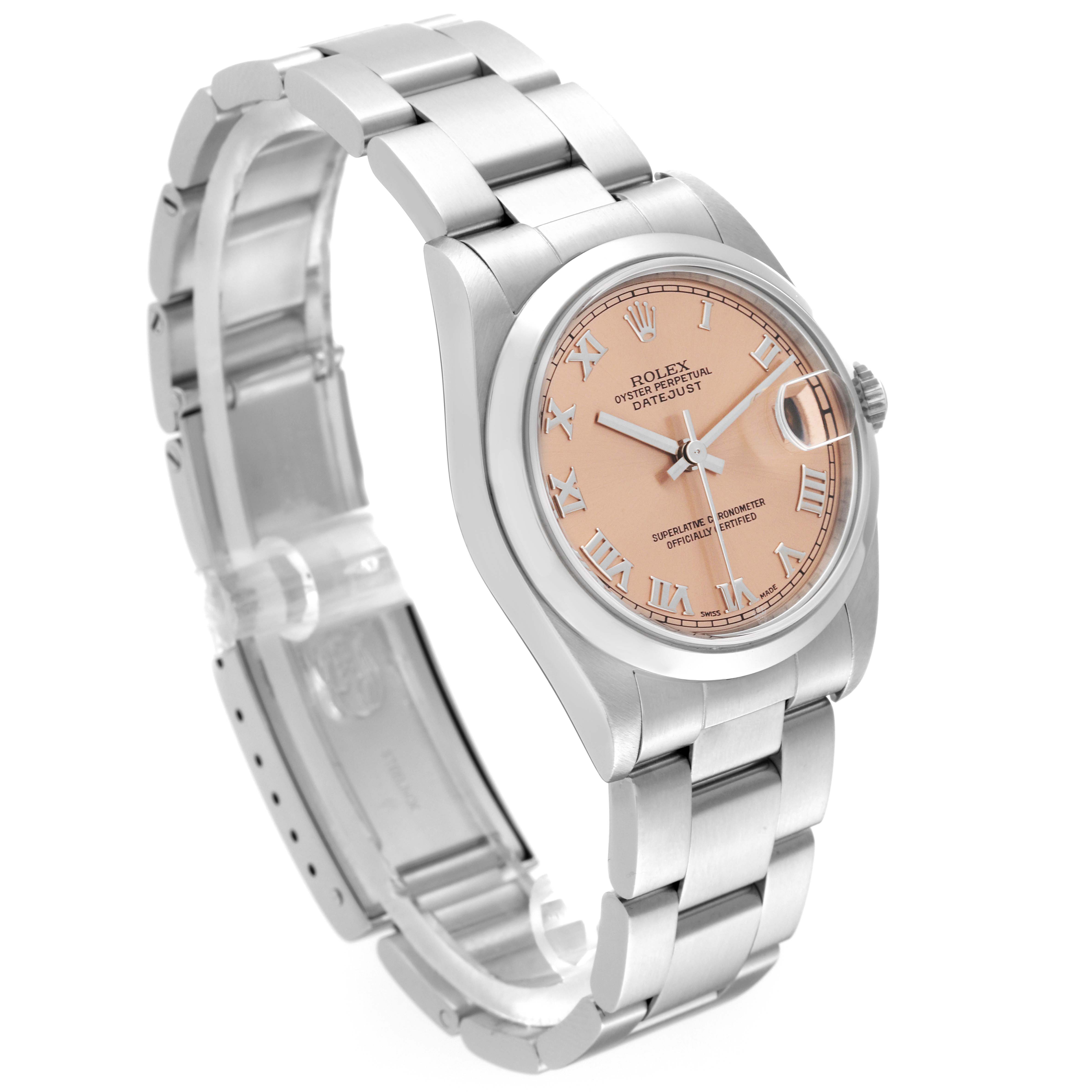 The Rolex Mid-Size 78240 Women's Stainless Steel Pink Dial 78240 Women's Stainless Steel Pink Dial model watch is shown at a three-quarter angle, displaying the face, bezel, case, and part of the bracelet.