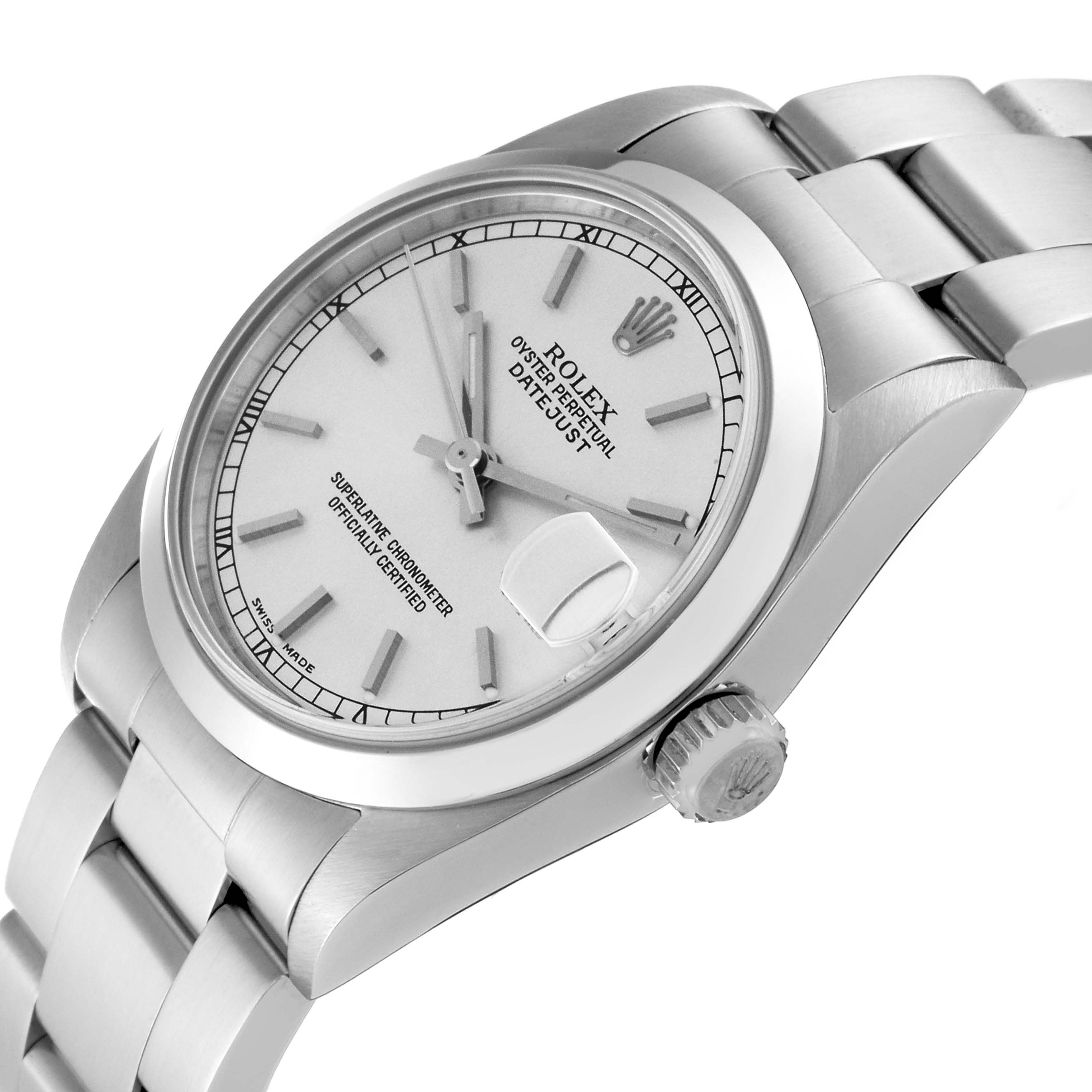 The image shows a side view of a Rolex Mid-Size 78240 Women's Stainless Steel Silver Dial 78240 Women's Stainless Steel Silver Dial Datejust, highlighting the watch face, crown, and part of the bracelet.