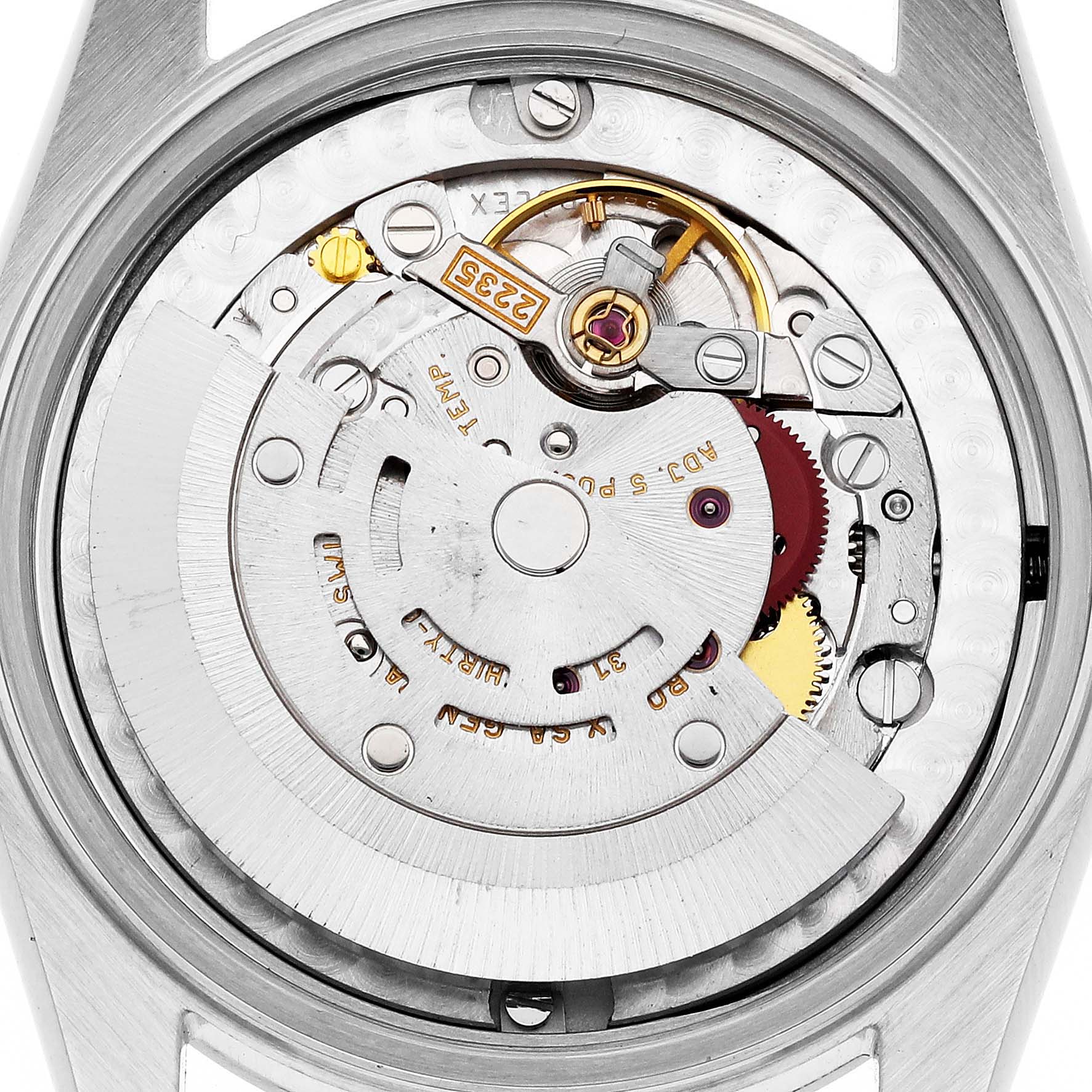 The image shows the inner mechanical movement of a Mid-Size Rolex watch, viewed from the back with the case removed.