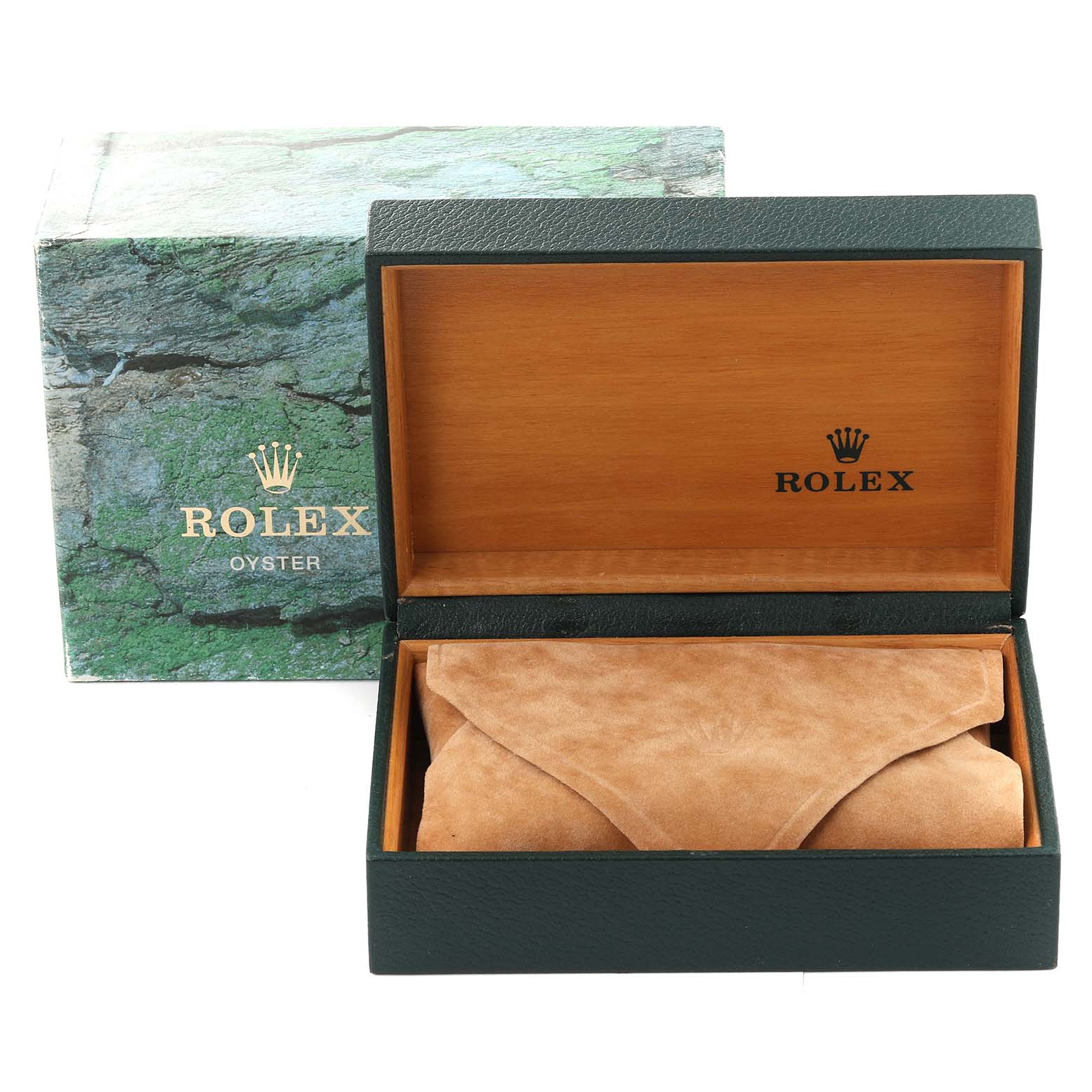 A Rolex Mid-Size 78240 Women's Stainless Steel Silver Dial 78240 Women's Stainless Steel Silver Dial watch box is shown at an angle, open to reveal an interior suede pouch.