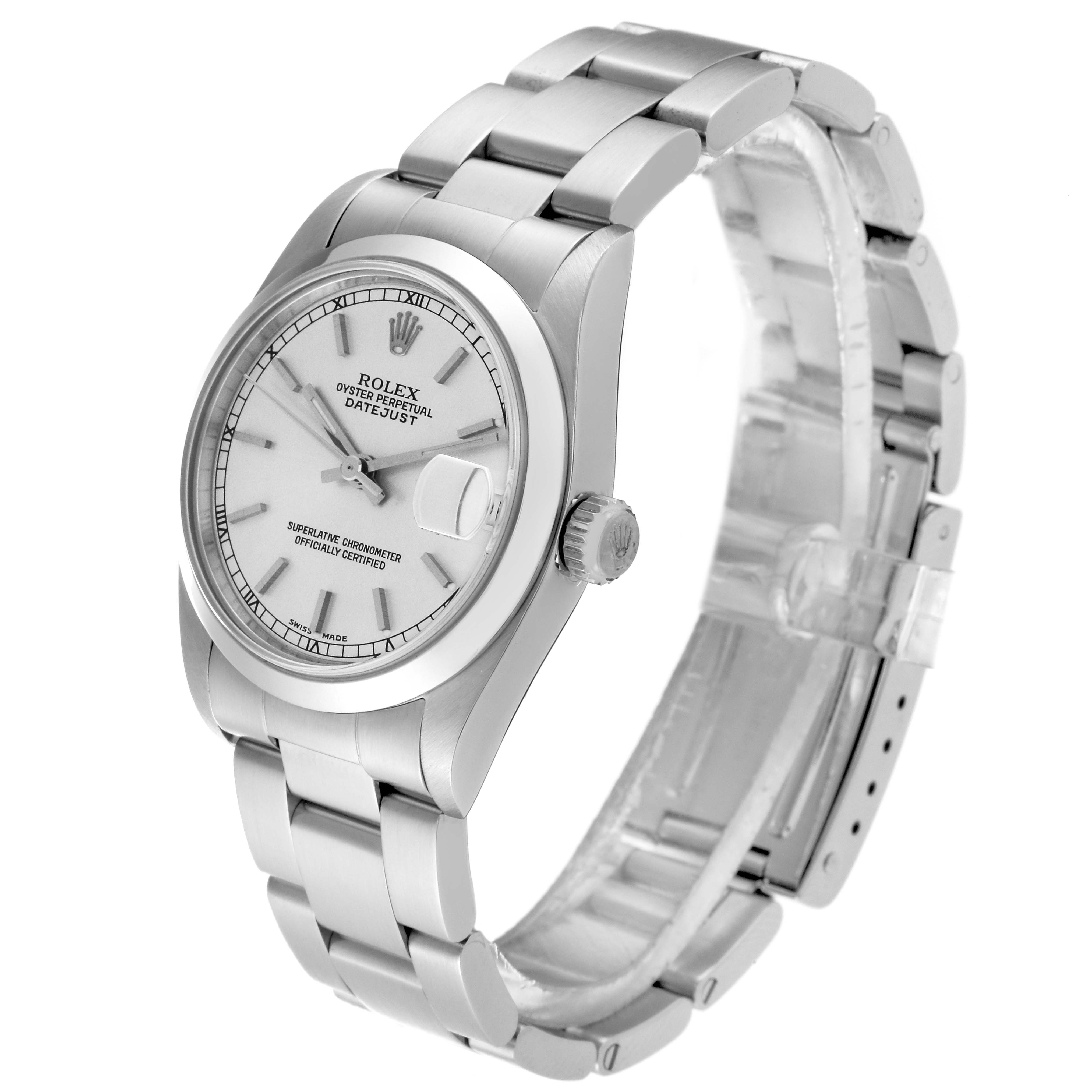 The image shows a Rolex Mid-Size 78240 Women's Stainless Steel Silver Dial 78240 Women's Stainless Steel Silver Dial Datejust watch at a three-quarter angle, highlighting the face, bezel, crown, and bracelet.