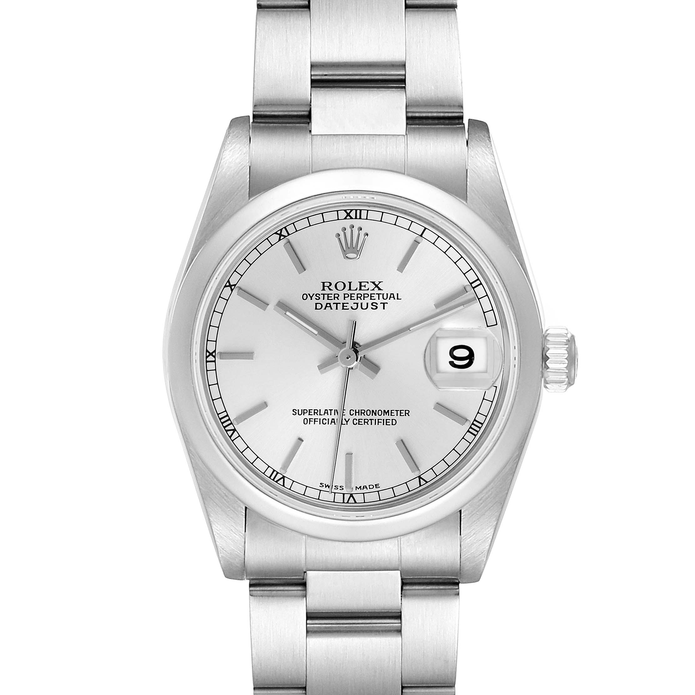 This image shows a front view of a Rolex Datejust Mid-Size watch, displaying the dial, bezel, and bracelet.